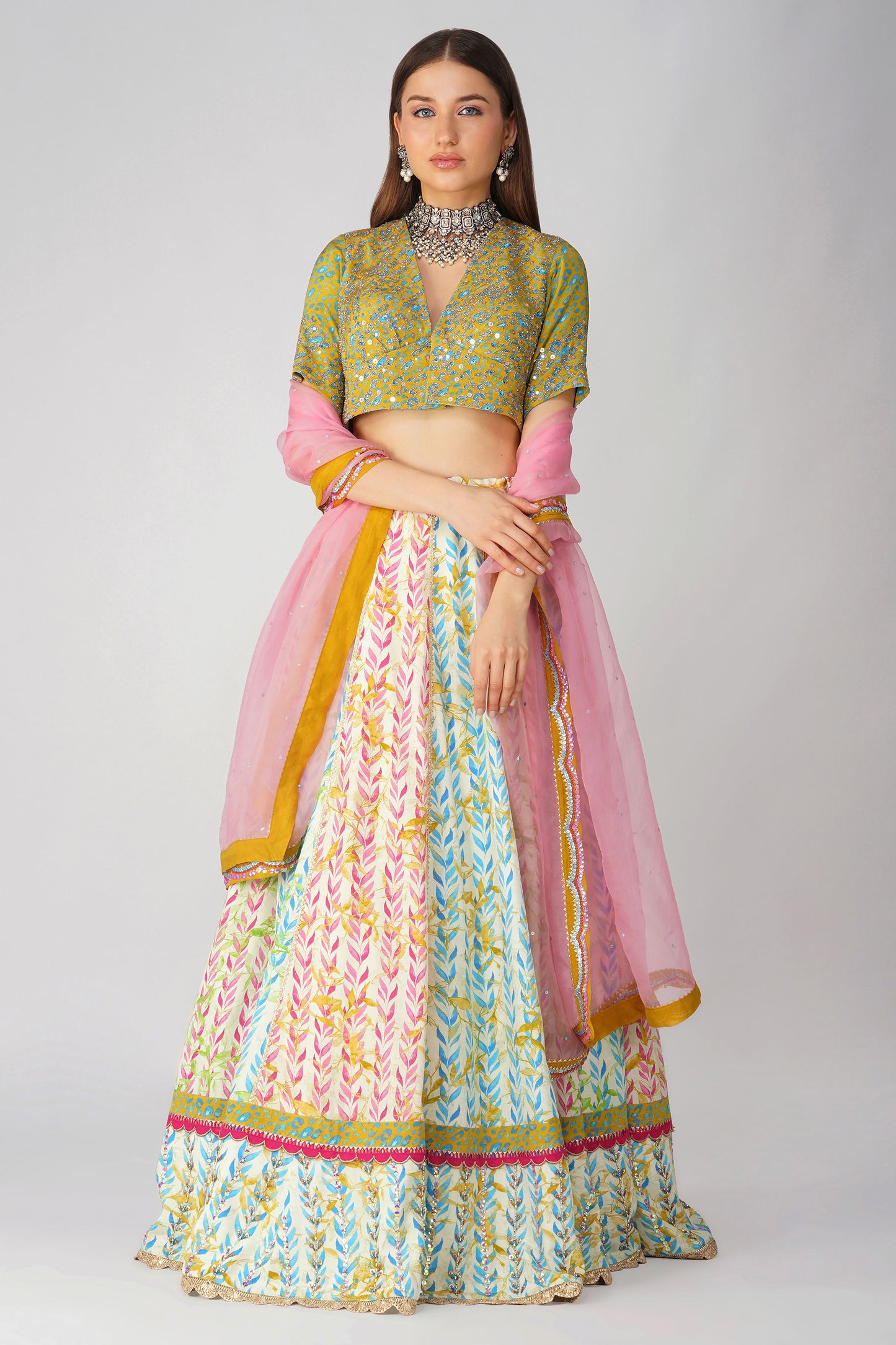 Multi Color Leaf Print Lehenga Set