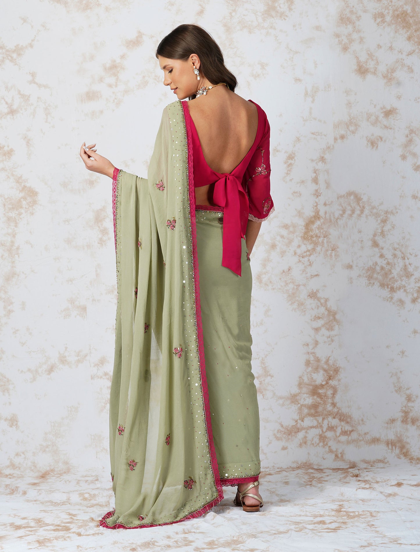 Sage Green Beaded Flower Saree With Contrast Blouse