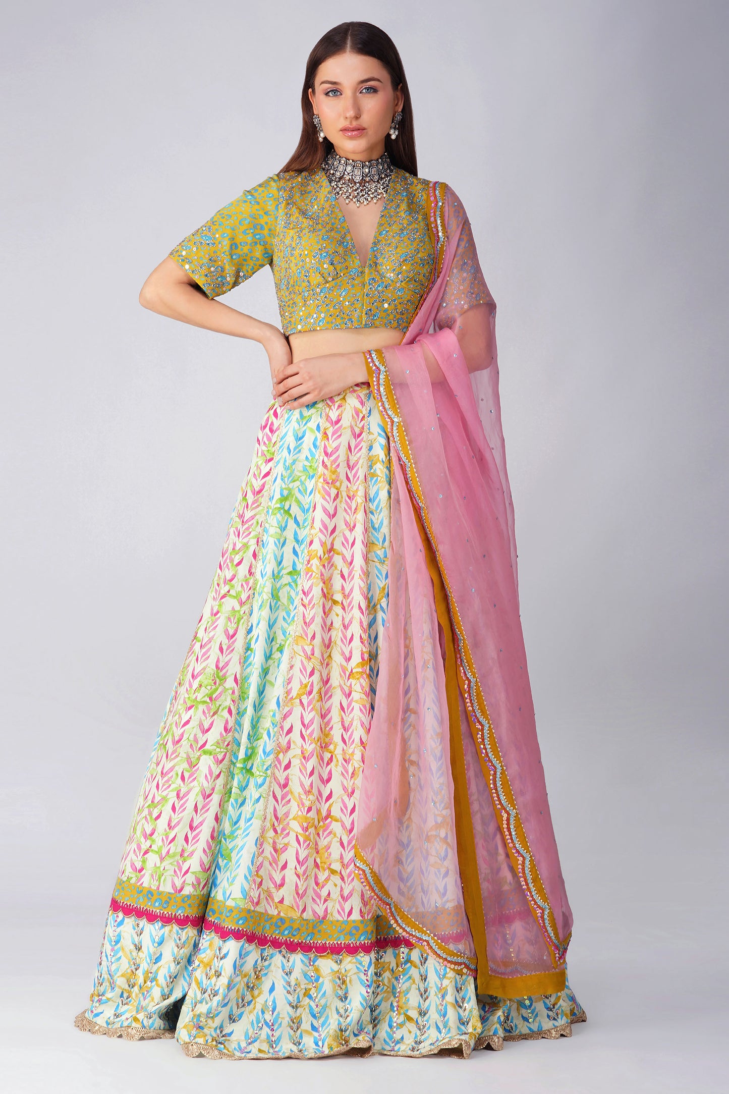 Multi Color Leaf Print Lehenga Set