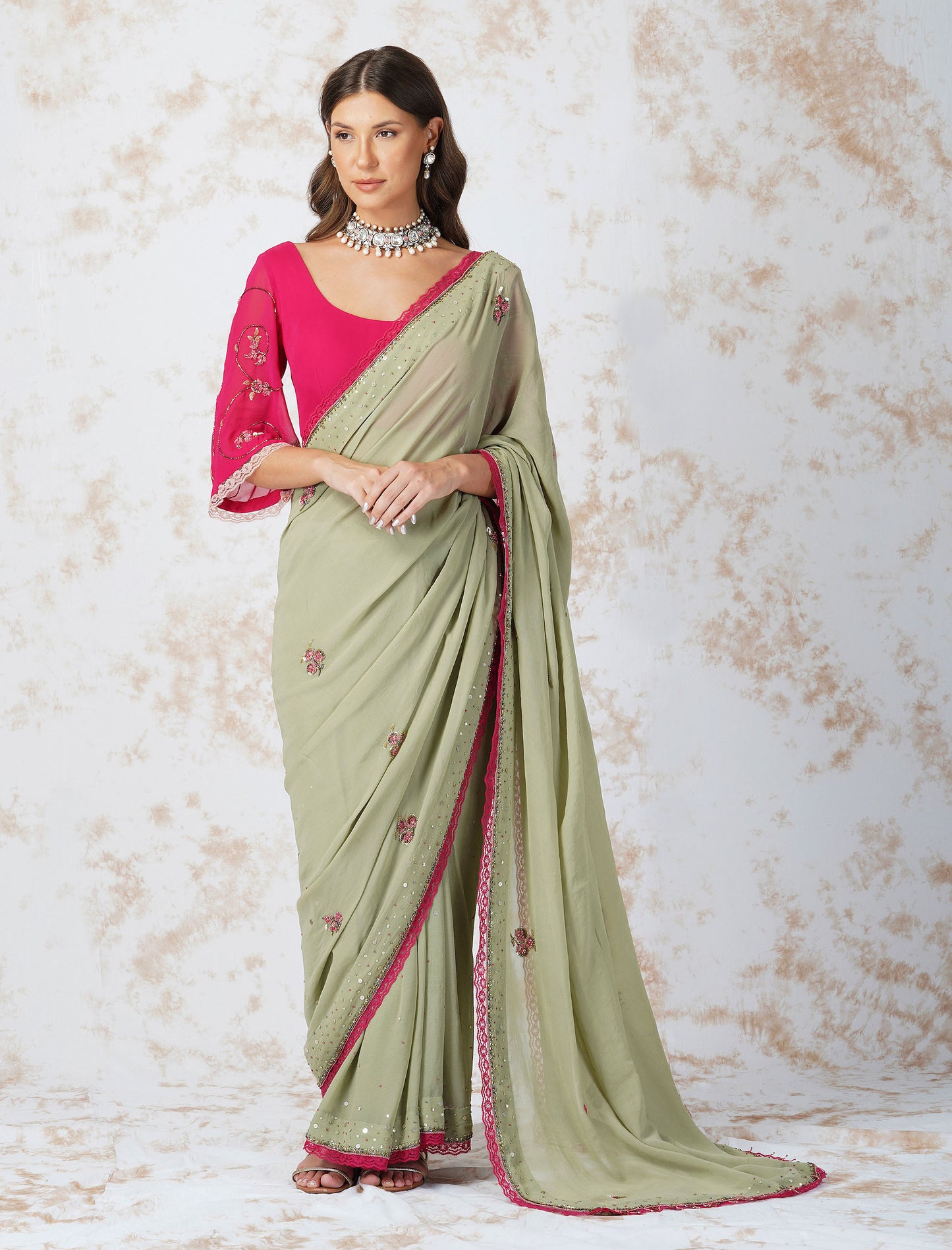 Sage Green Beaded Flower Saree With Contrast Blouse