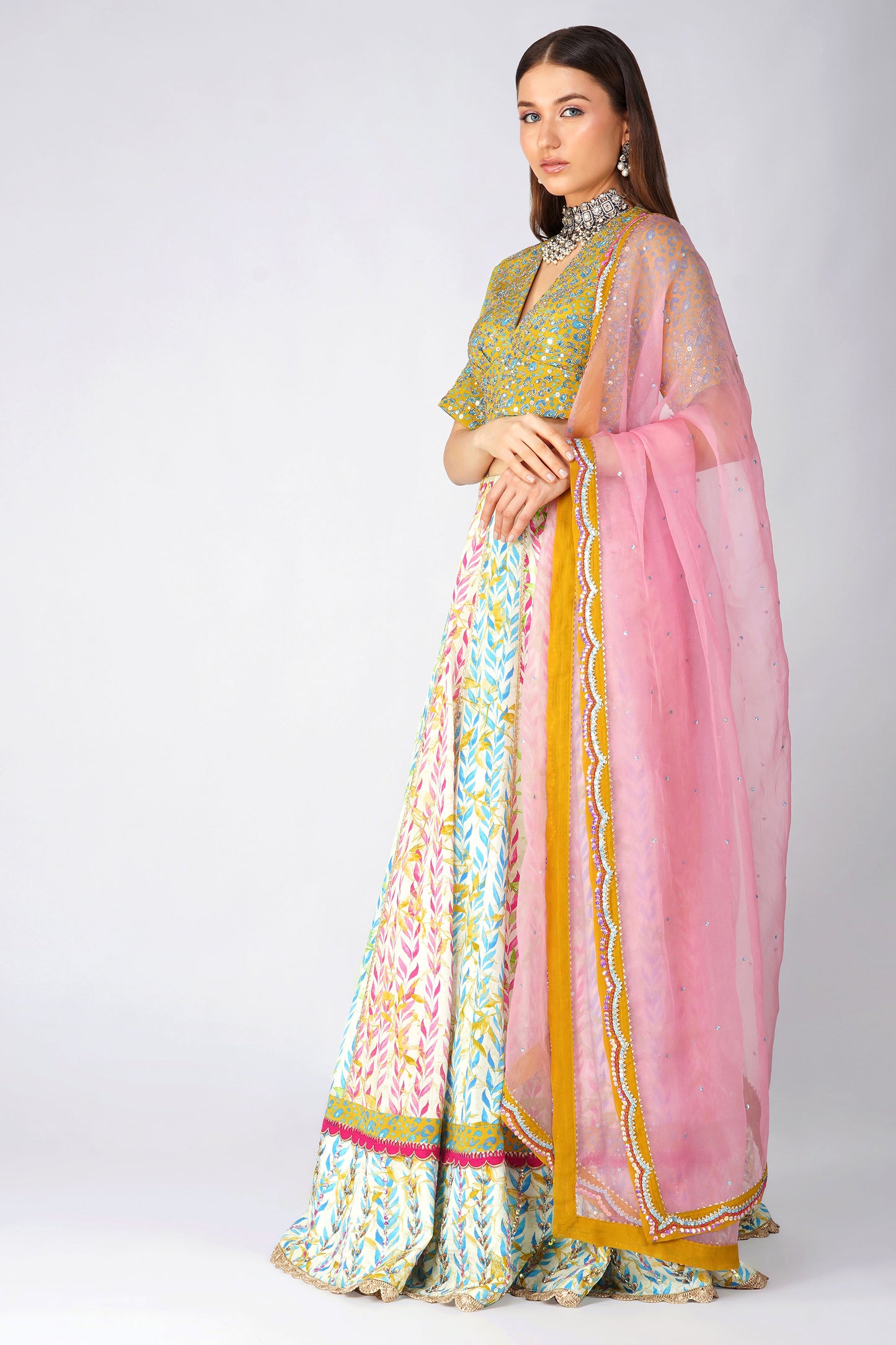 Multi Color Leaf Print Lehenga Set