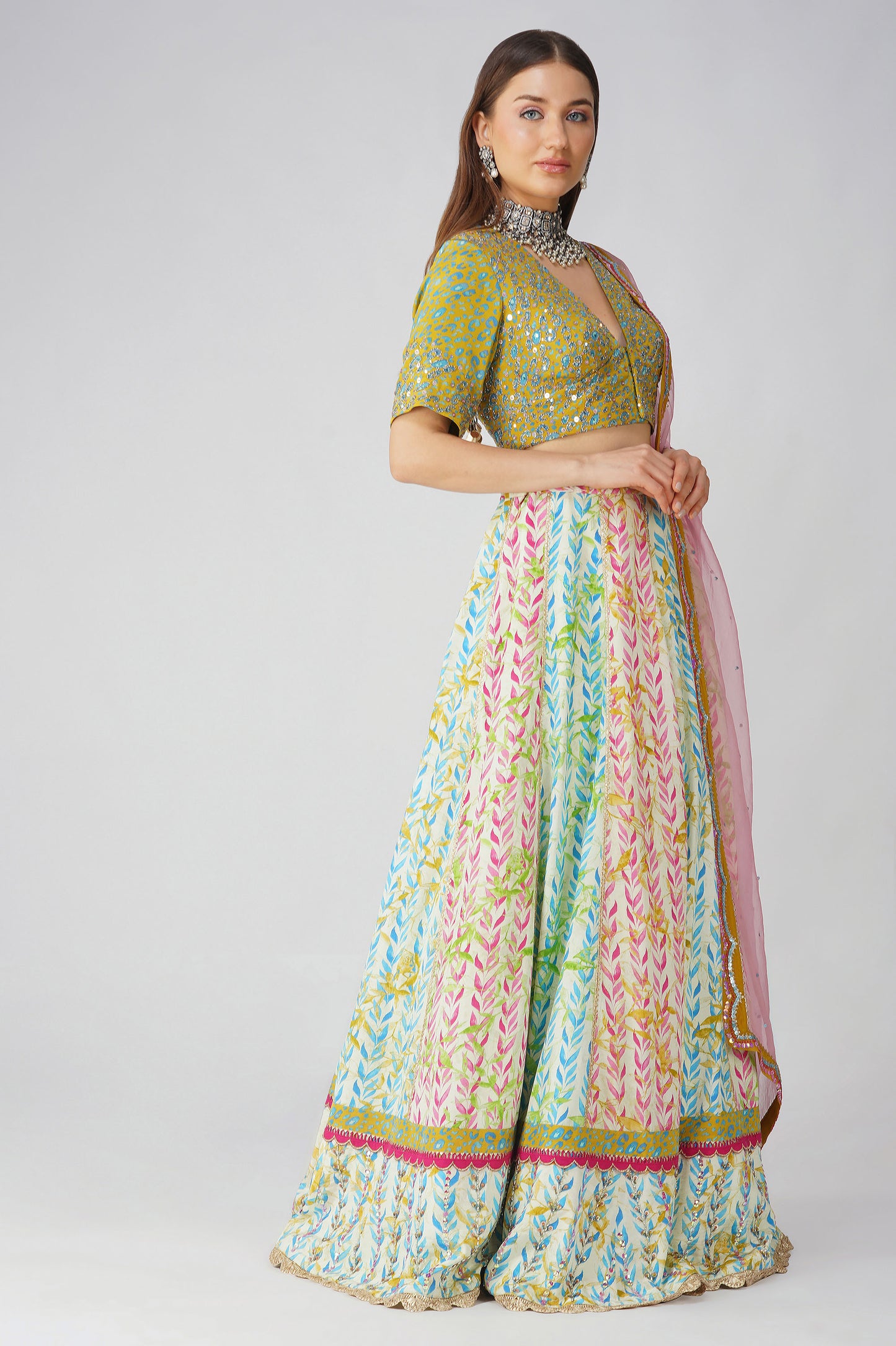 Multi Color Leaf Print Lehenga Set