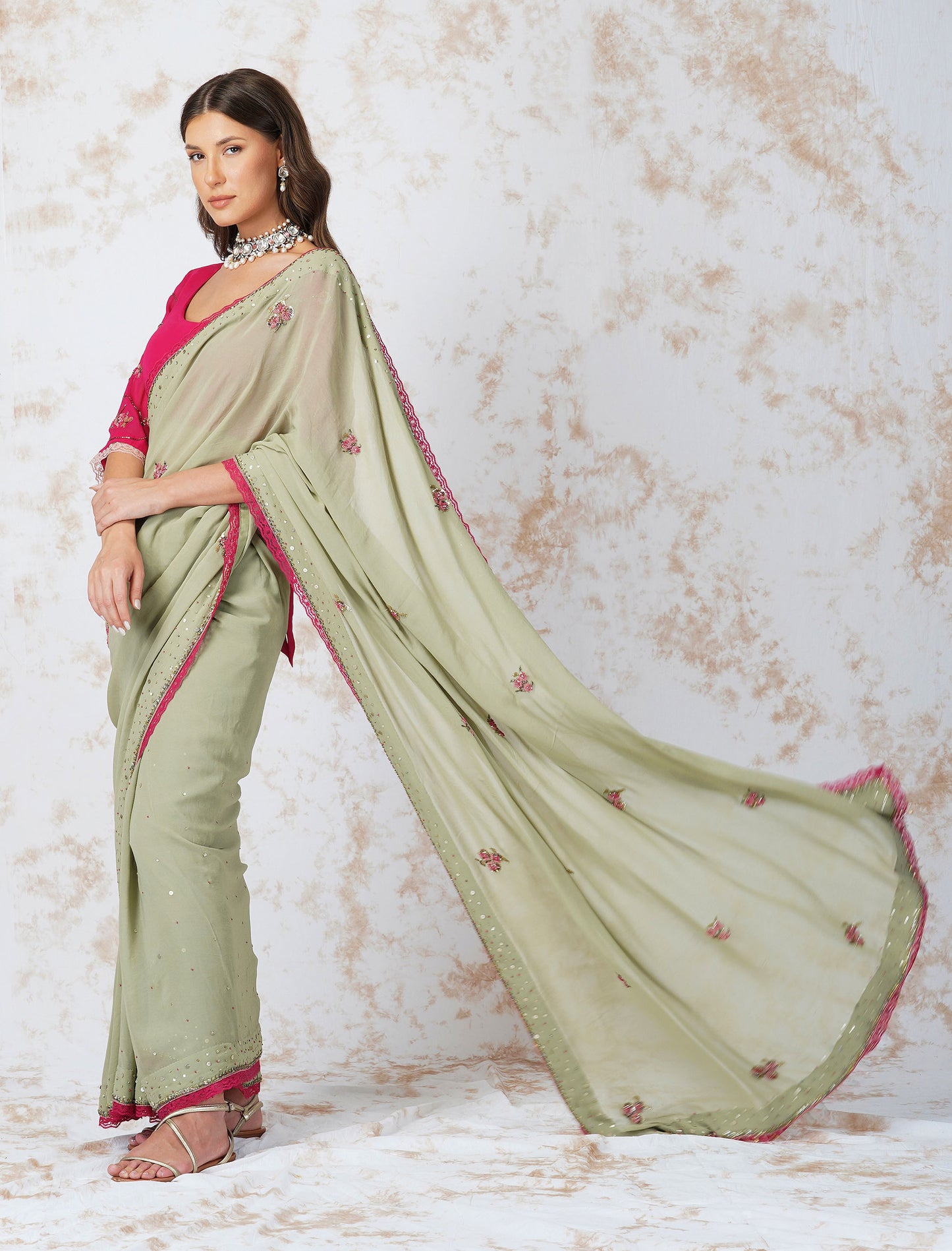 Sage Green Beaded Flower Saree With Contrast Blouse