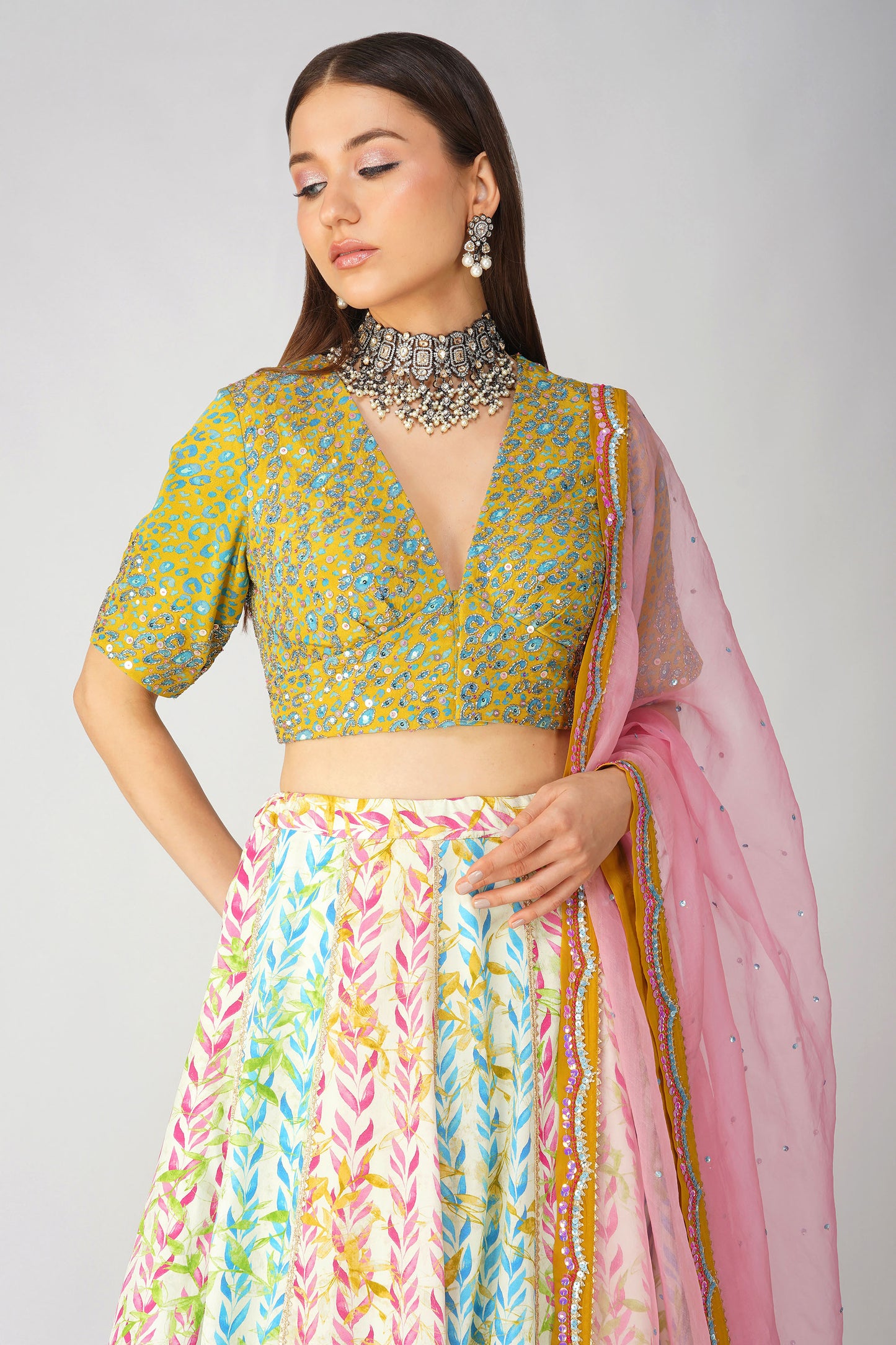 Multi Color Leaf Print Lehenga Set