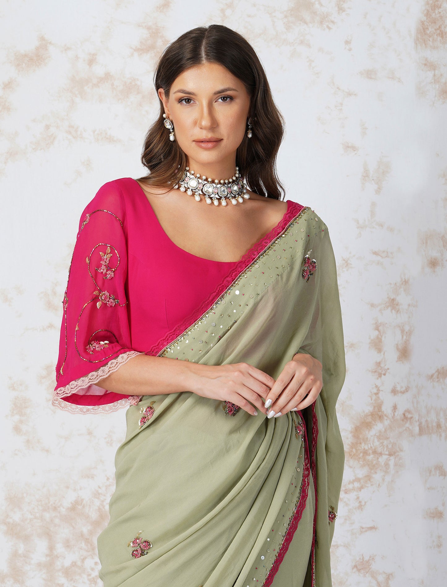 Sage Green Beaded Flower Saree With Contrast Blouse