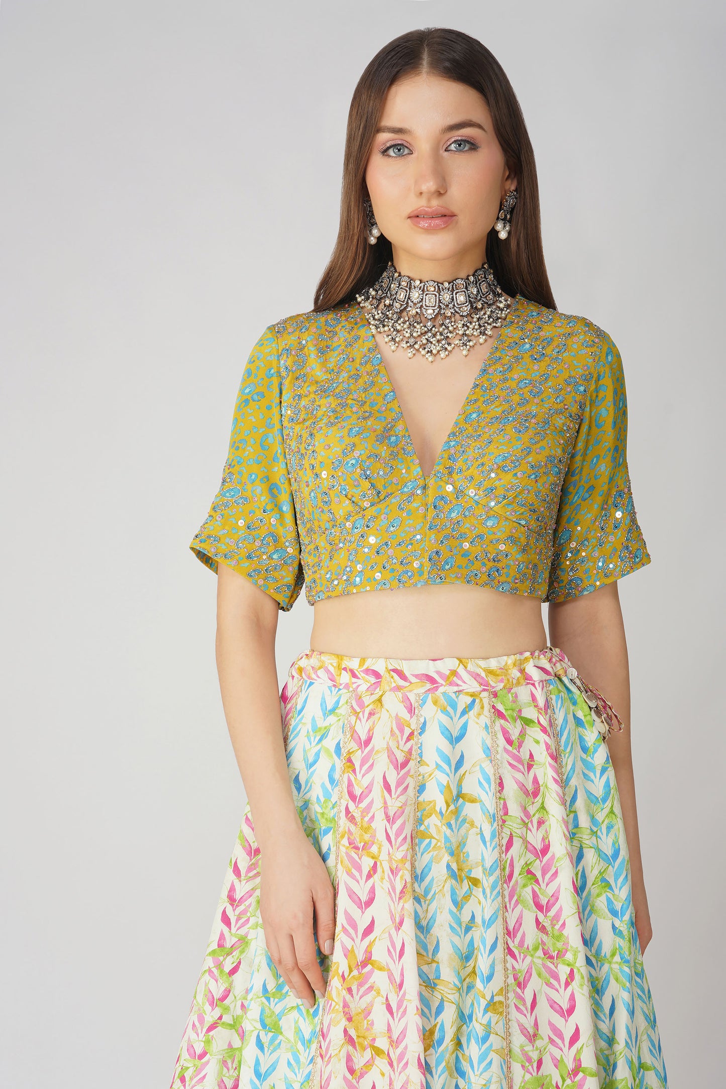 Multi Color Leaf Print Lehenga Set