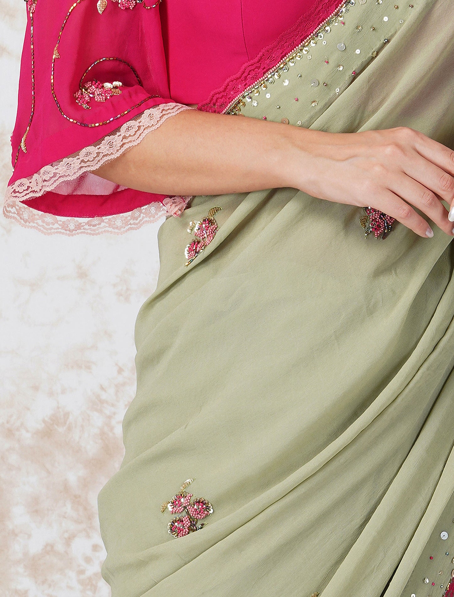 Sage Green Beaded Flower Saree With Contrast Blouse