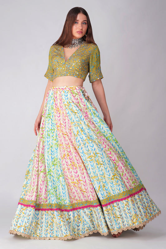 Multi Color Leaf Print Lehenga Set