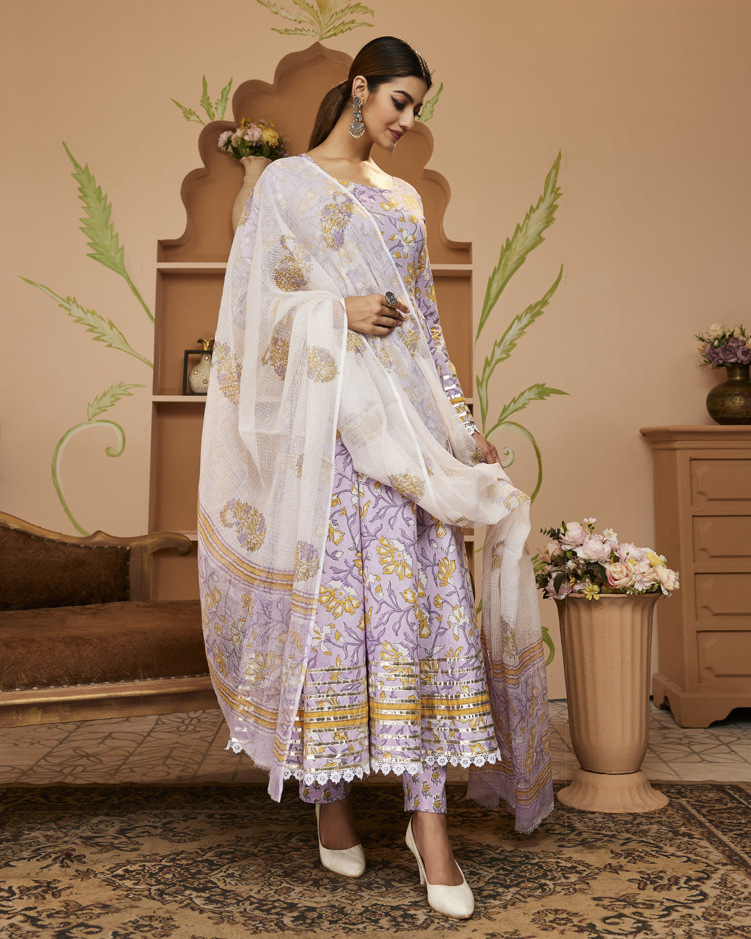 Handblock Printed Lavender Anarkali Cotton Kurta With Trousers & Dupatta