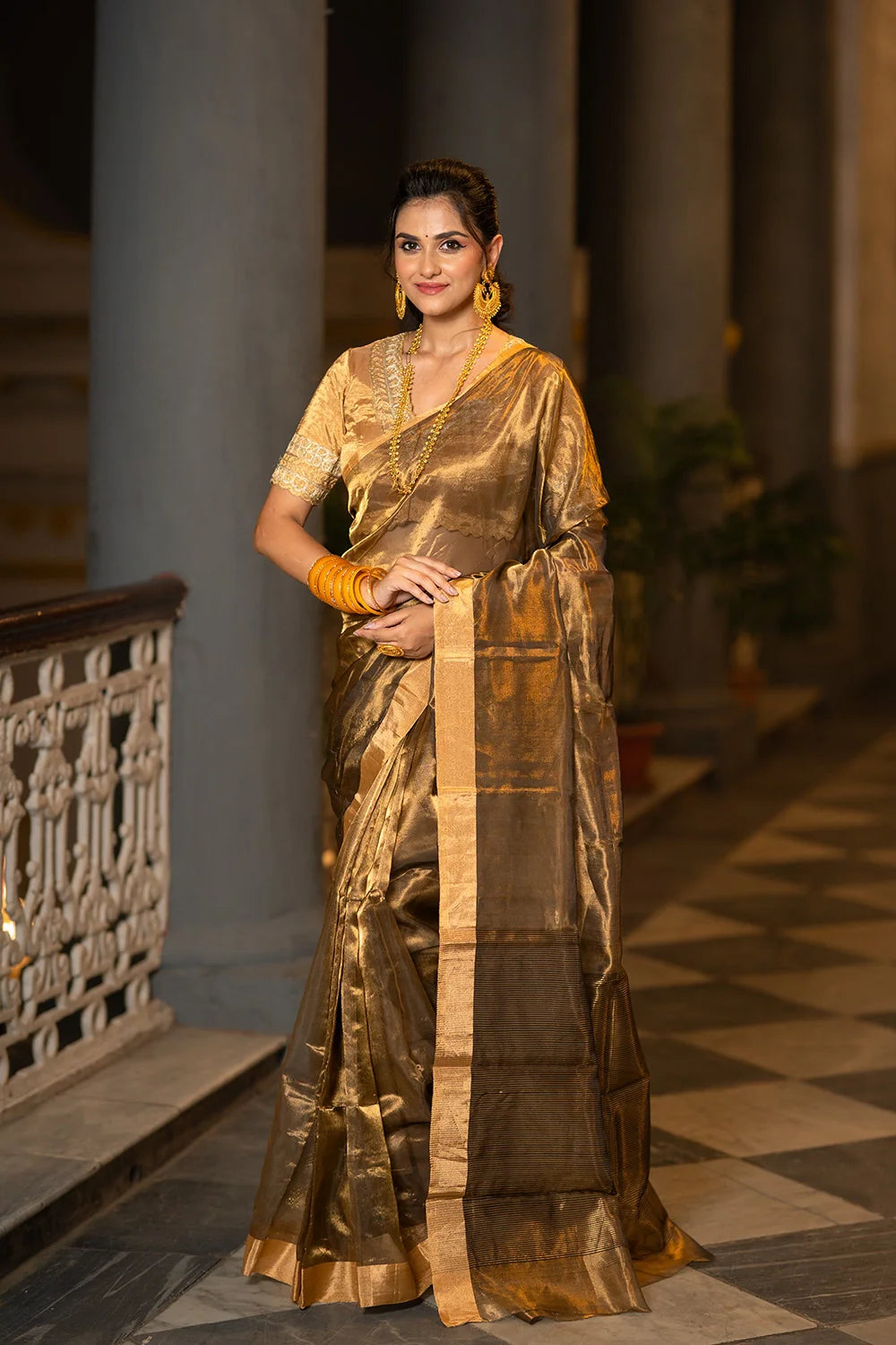 Handloom Copper Brown Pure Tissue Silk Chanderi Saree