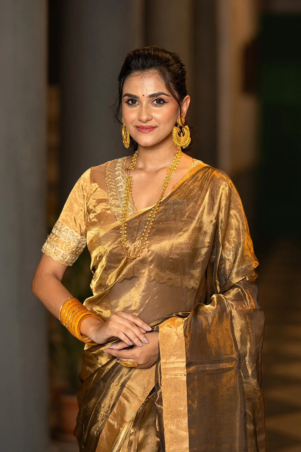 Handloom Copper Brown Pure Tissue Silk Chanderi Saree