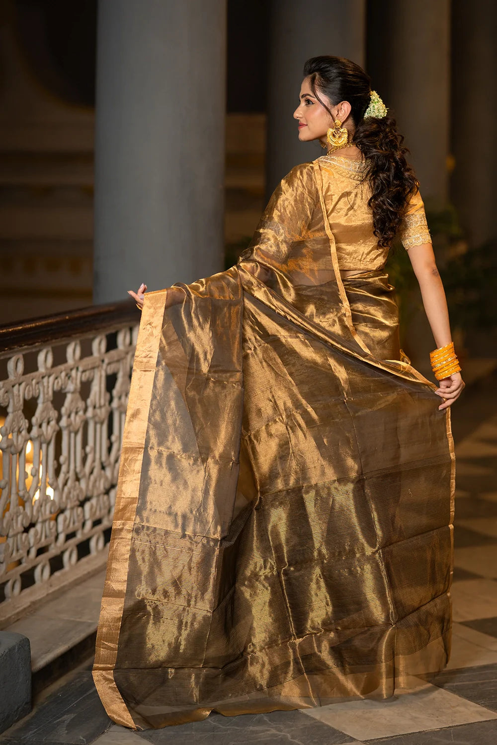 Handloom Copper Brown Pure Tissue Silk Chanderi Saree