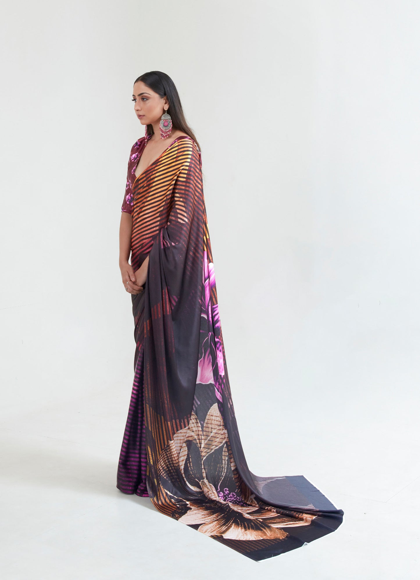 Brown Multi Colored Abstract Print Kouture Printoria Digital Silk Saree