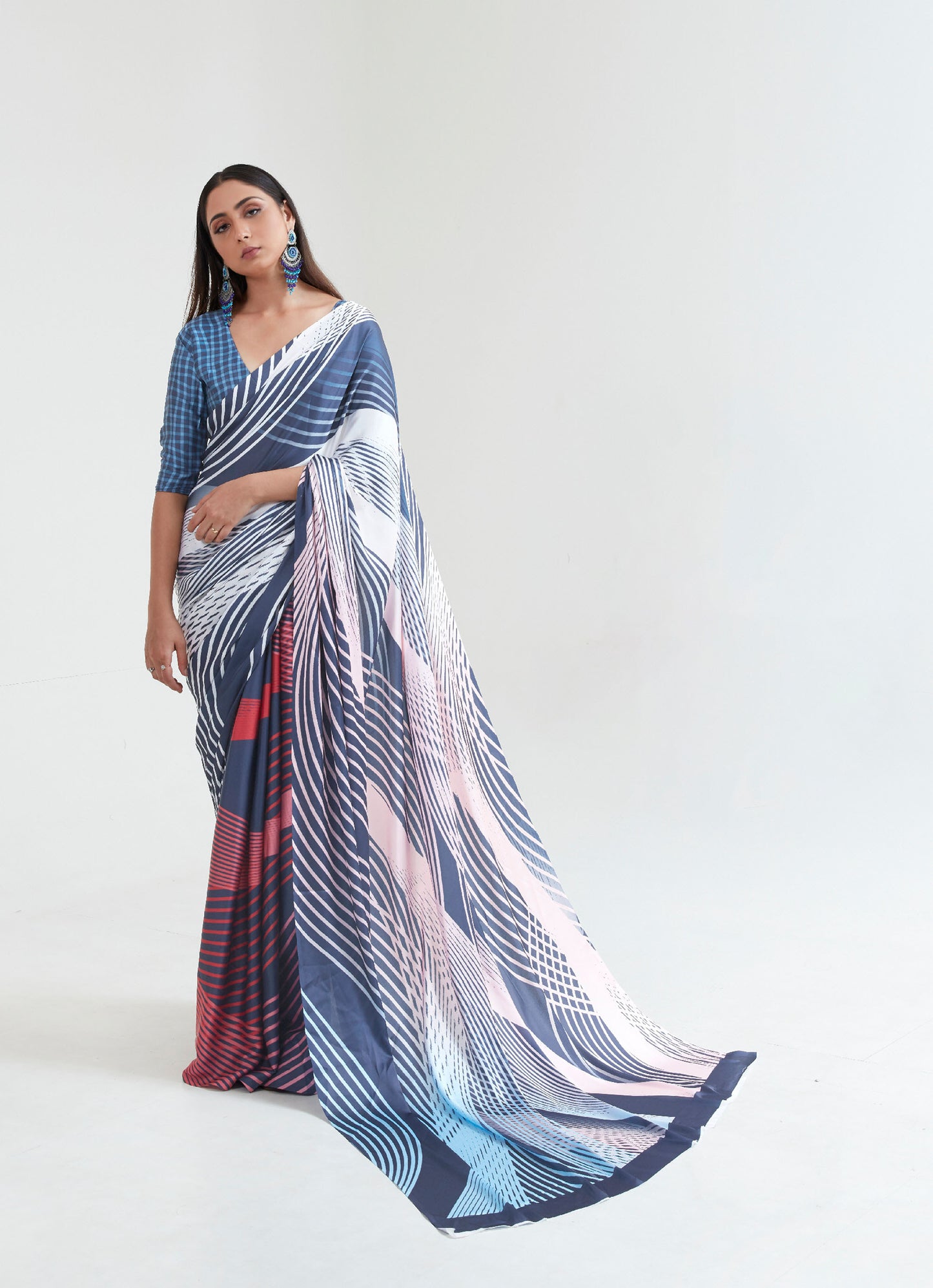 White and Blue Stripes Kouture Printoria Digital Silk Saree