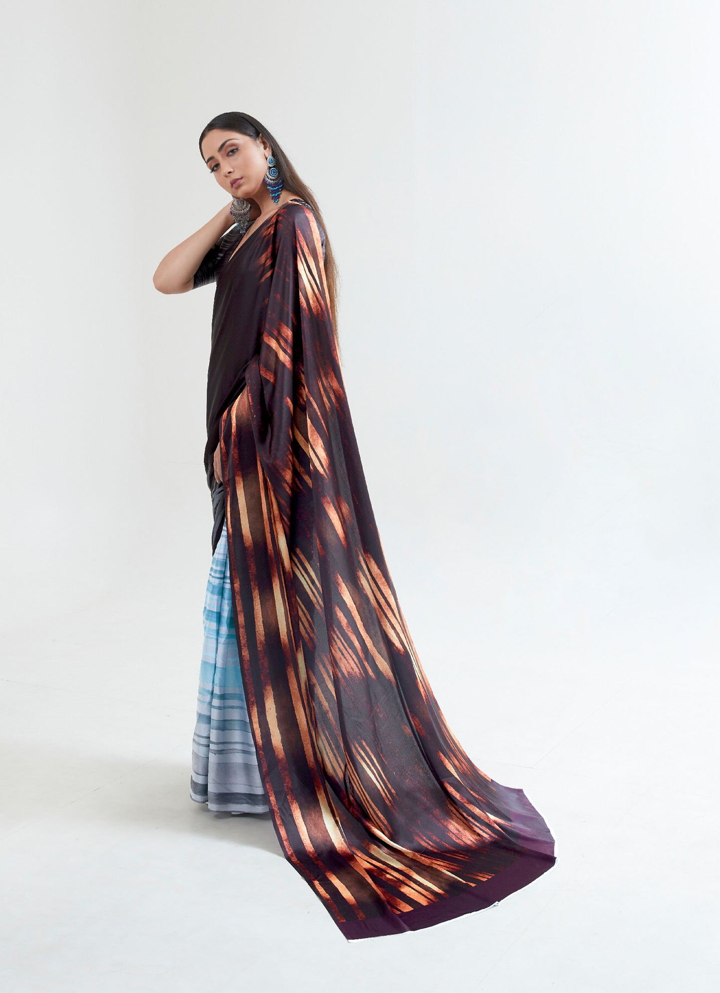 Black and Brown Stripes Kouture Printoria Digital Silk Saree