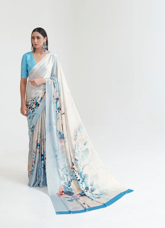 White and Blue Kouture Printoria Digital Silk Saree