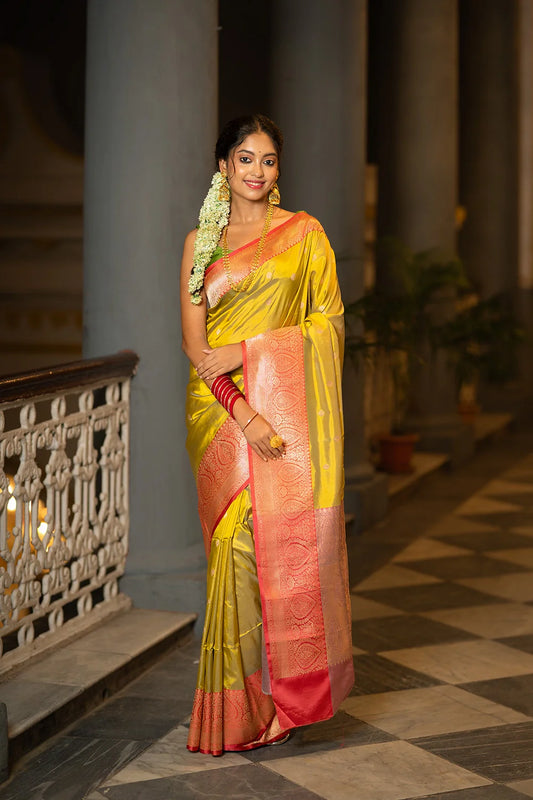 Handloom Green & Red Pure Silk Zari Banarasi Saree