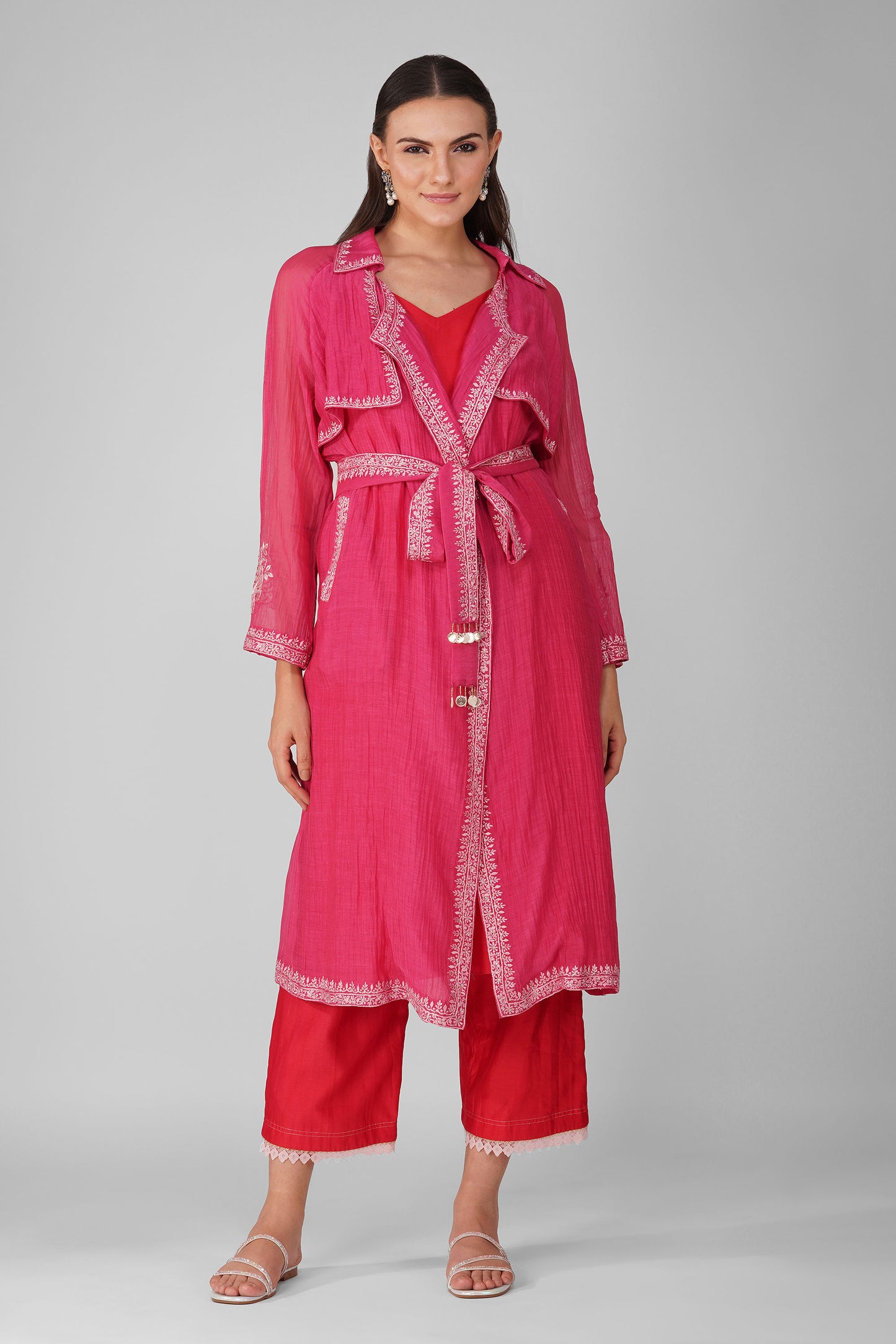 Flower Magenta Border Summer Trench Set