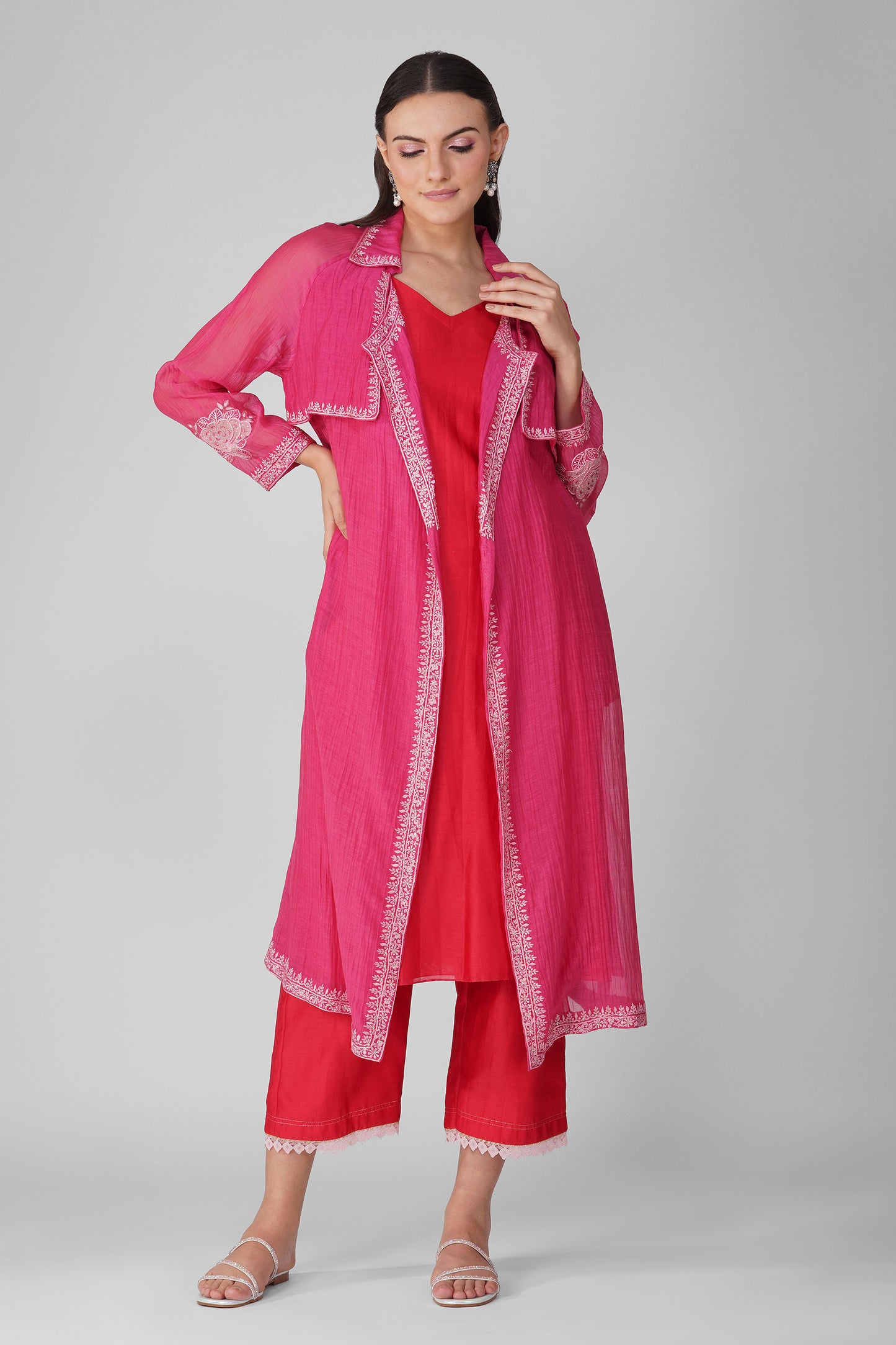 Flower Magenta Border Summer Trench Set