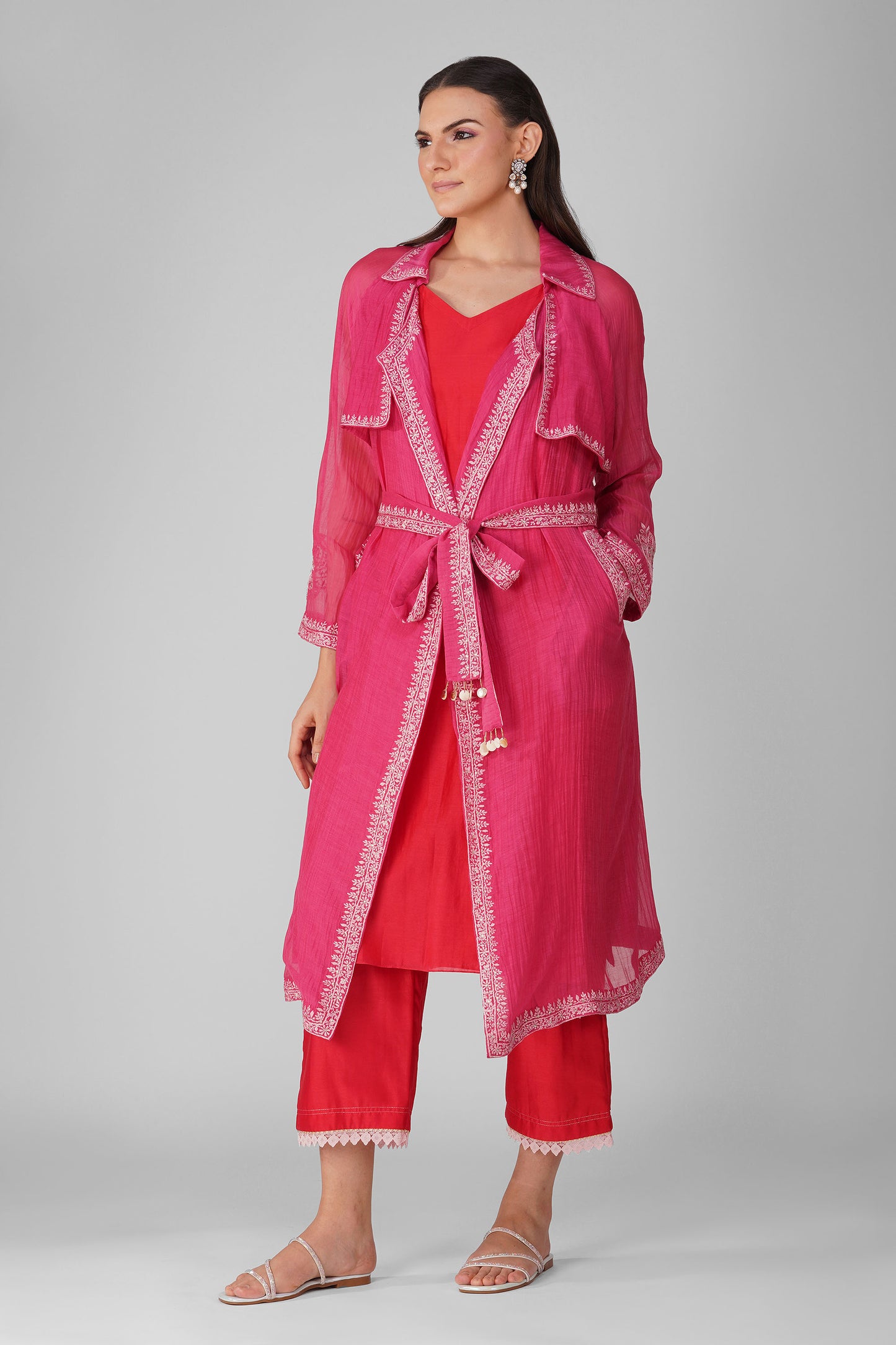 Flower Magenta Border Summer Trench Set