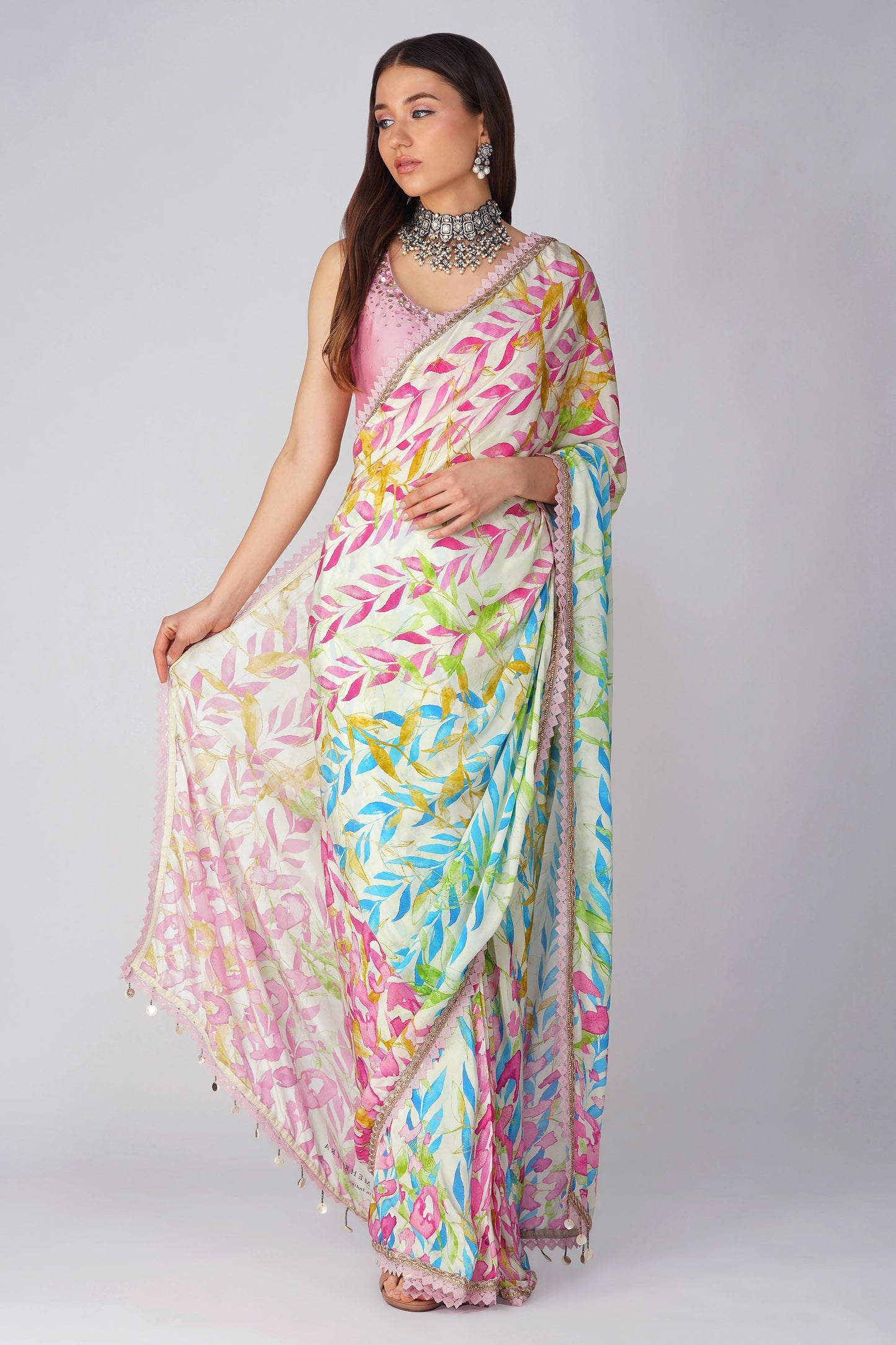 Leaf Print Pre-stitched Pink and Blue Saree Set