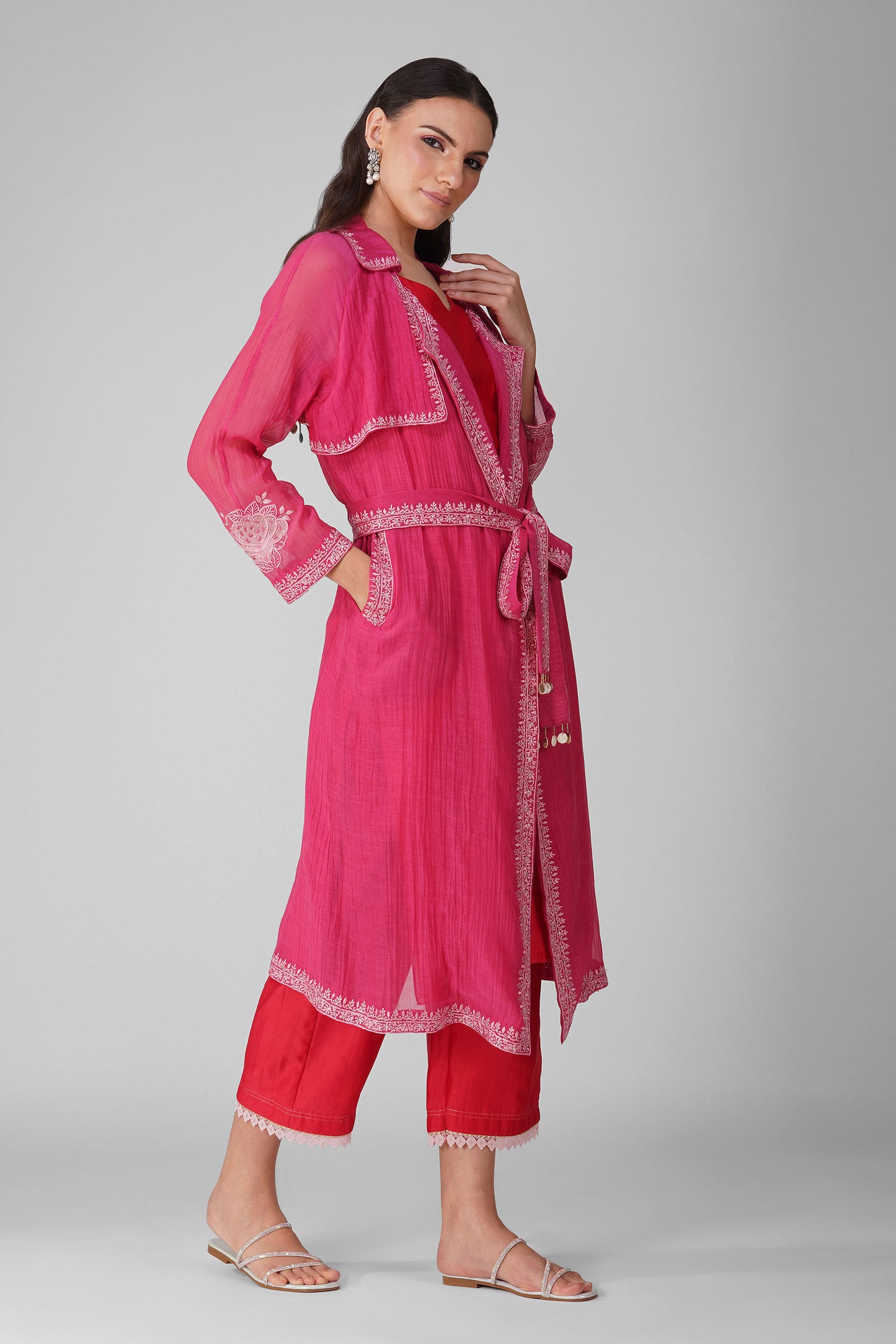 Flower Magenta Border Summer Trench Set