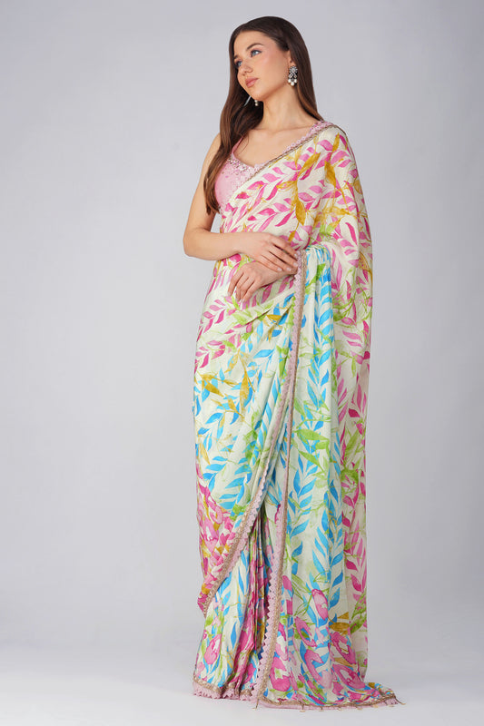 Leaf Print Pre-stitched Pink and Blue Saree Set