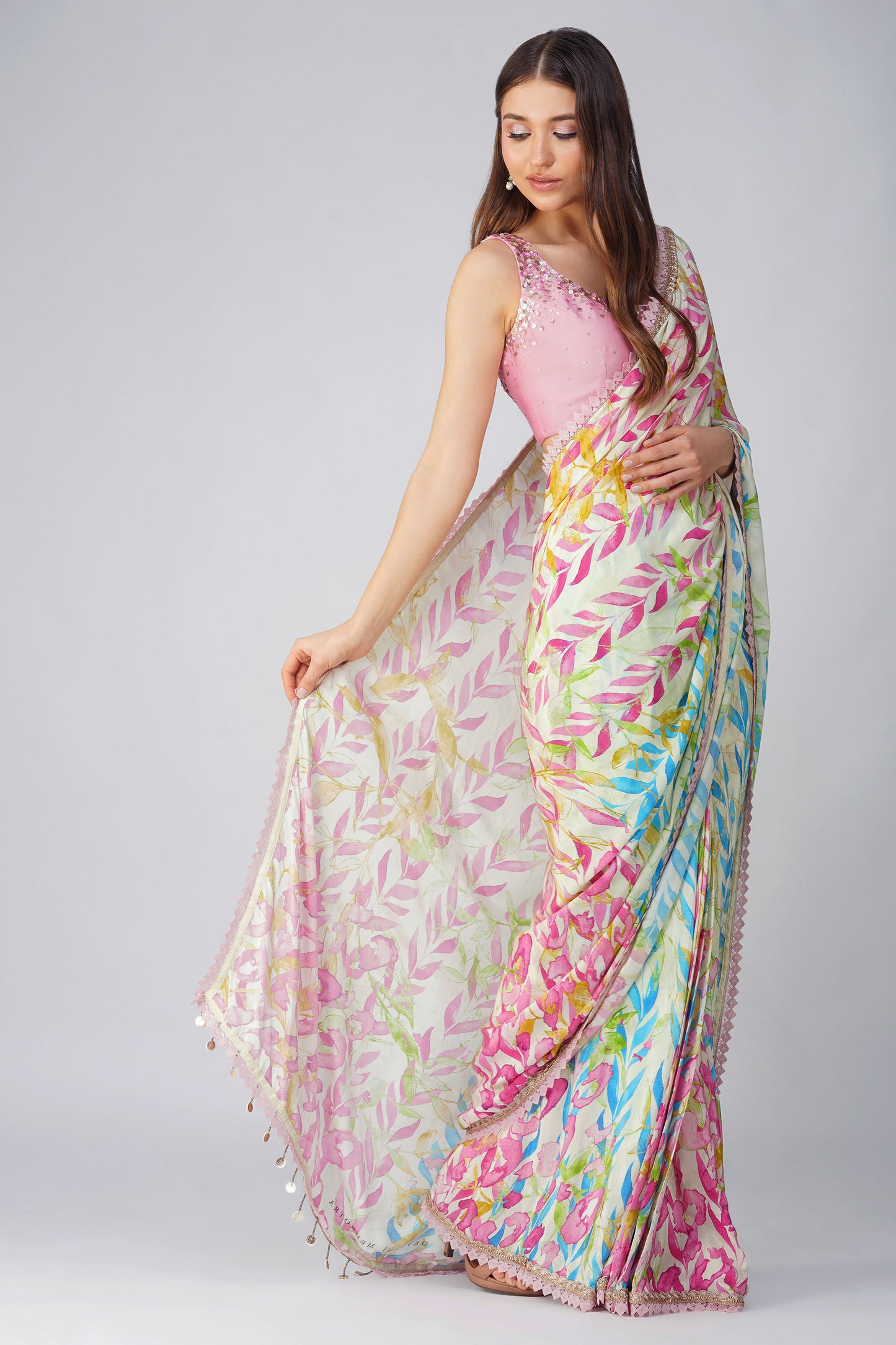 Leaf Print Pre-stitched Pink and Blue Saree Set