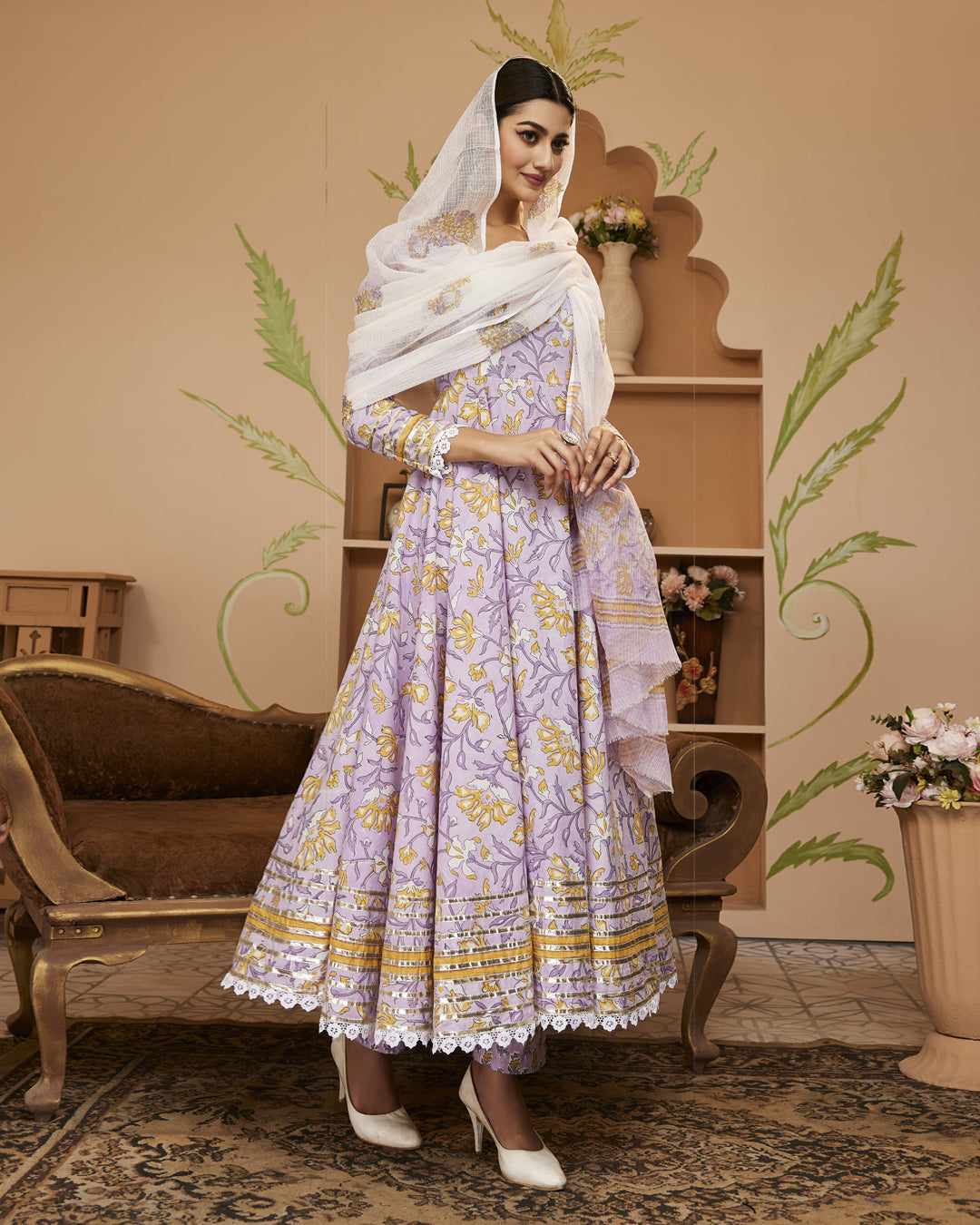 Handblock Printed Lavender Anarkali Cotton Kurta With Trousers & Dupatta