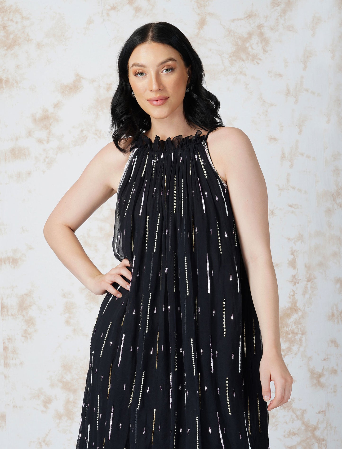 Black Sequined Halter Tunic Set