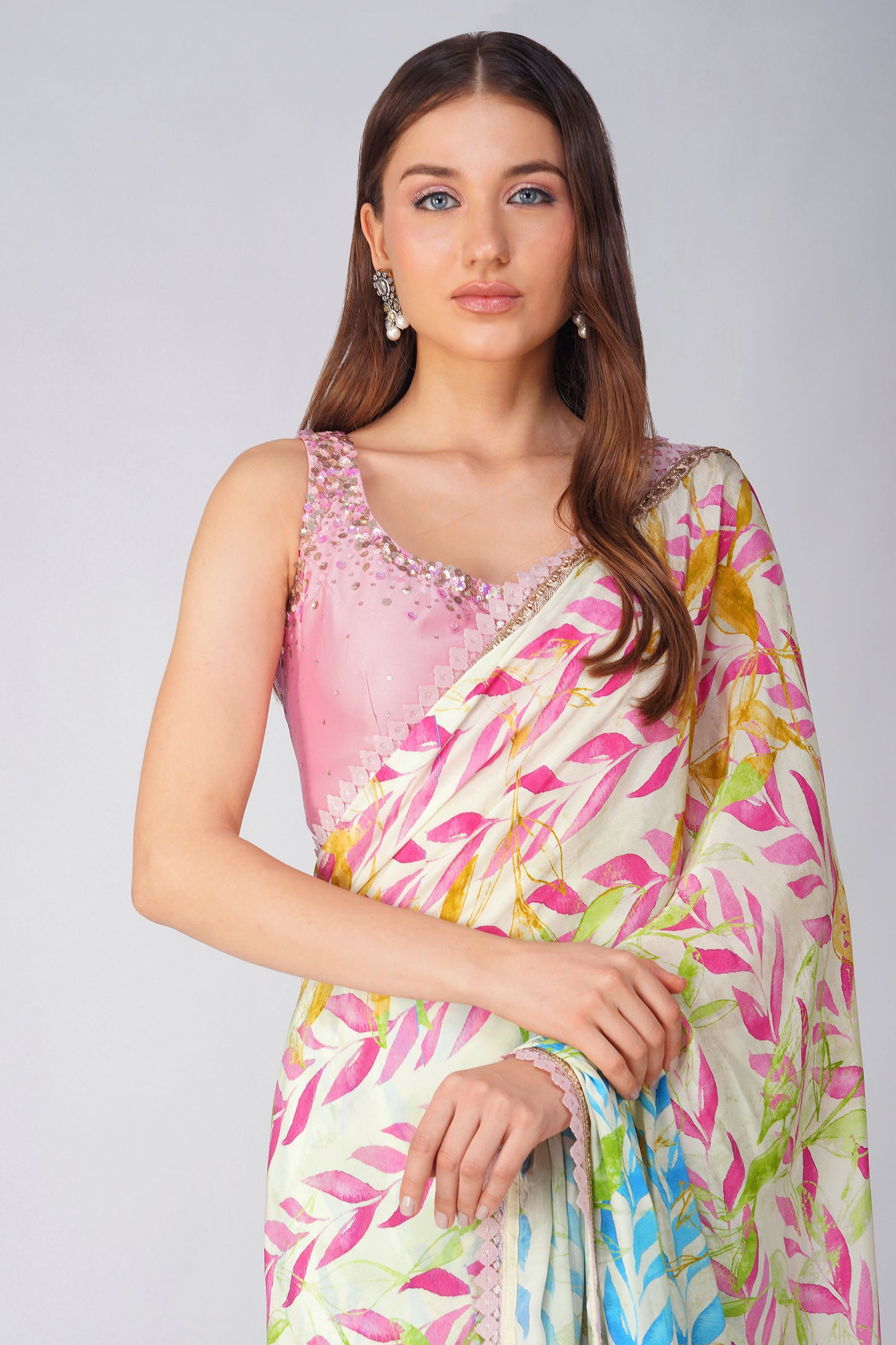 Leaf Print Pre-stitched Pink and Blue Saree Set