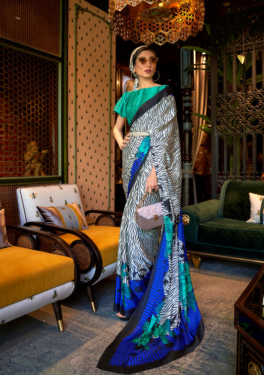 White and Turquoise Abstract Kalizey Printed Japan Satin Saree