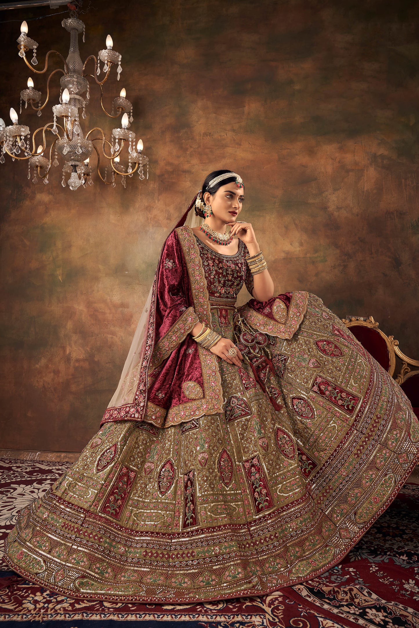 Biscuit Color Velvet Zarkan Hand Embroidered Heavy Bridal Lehenga with Bet dupatta