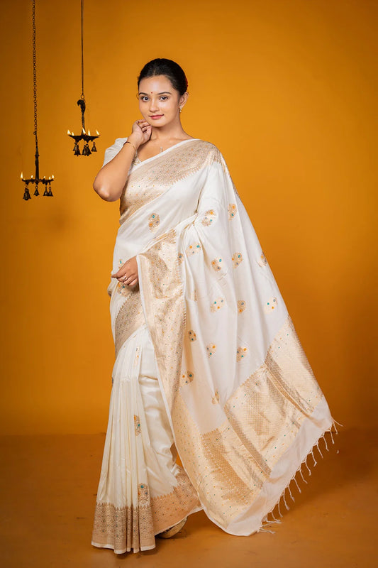 Handloom Cream Pure Silk Banarasi Saree with Gold Zari Meenakari Motifs