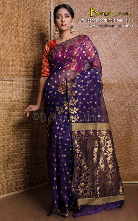 Belpata Nakshi Muslin Jamdani Saree in Blue and Gold