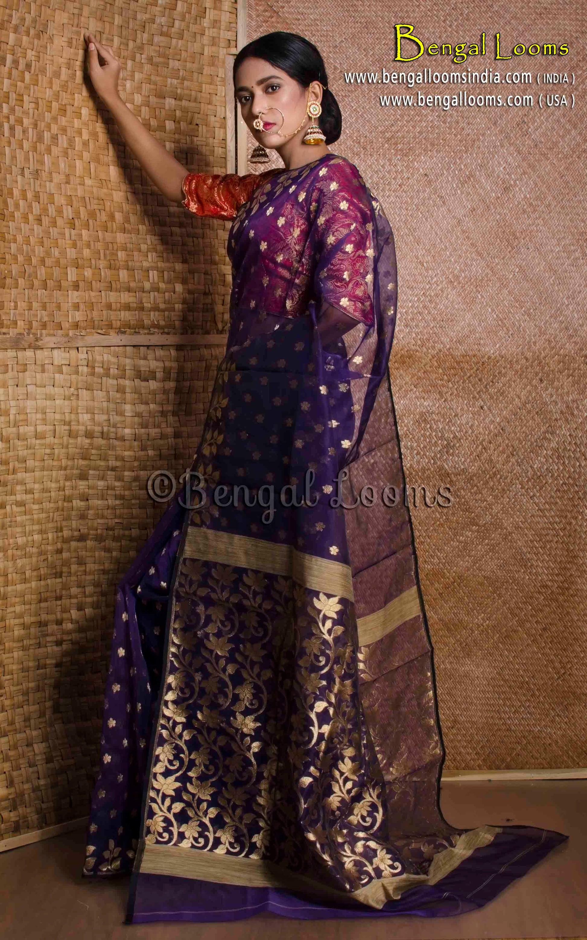 Belpata Nakshi Muslin Jamdani Saree in Blue and Gold