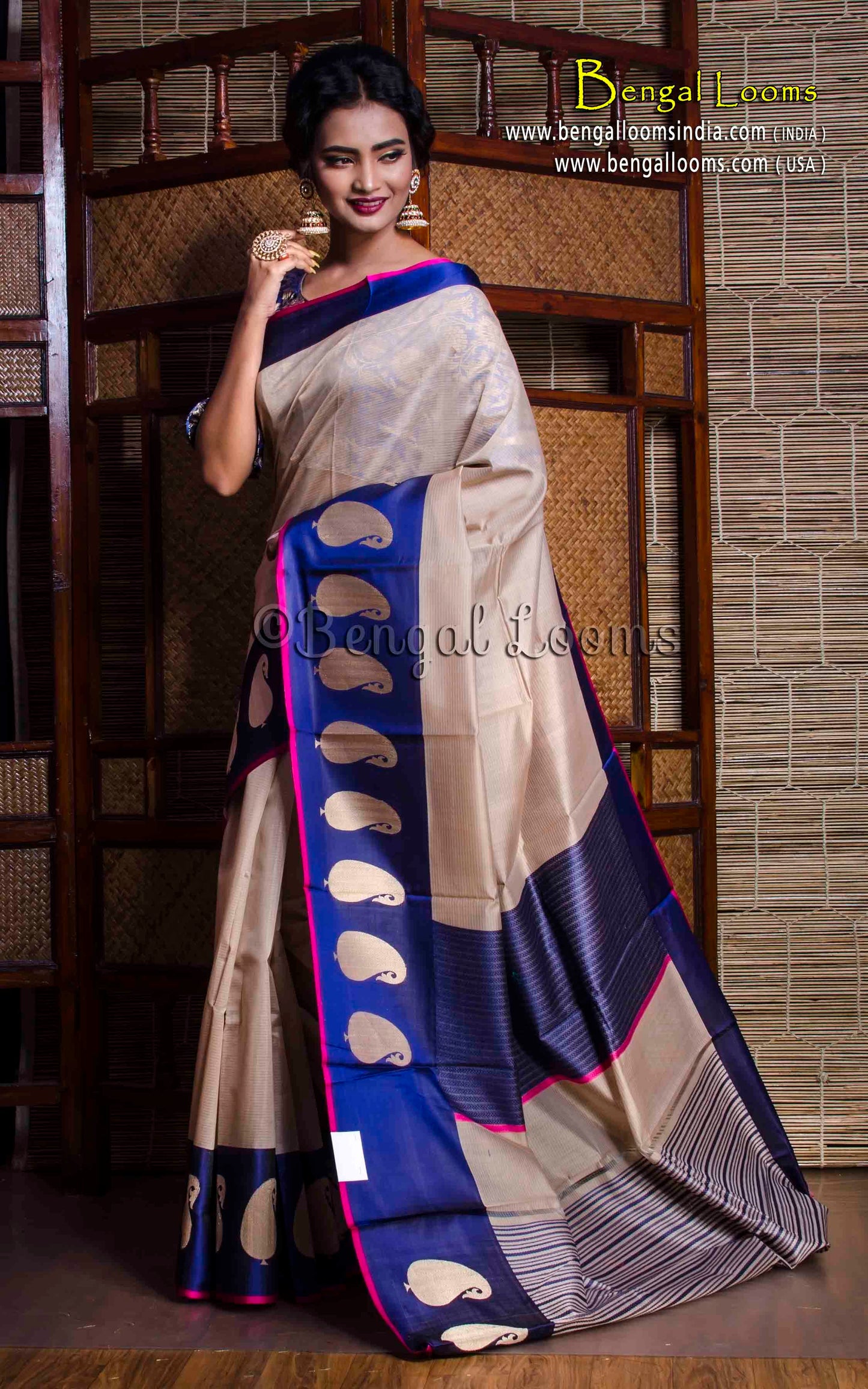 Cotton Silk Banarasi Saree with Satin Border in Beige and Blue - Bengal Looms India