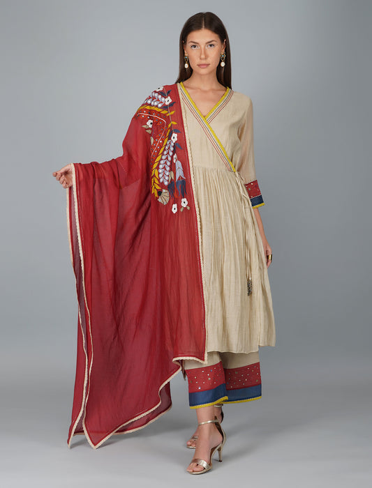 Applique Dupatta Kora Angrakha Set