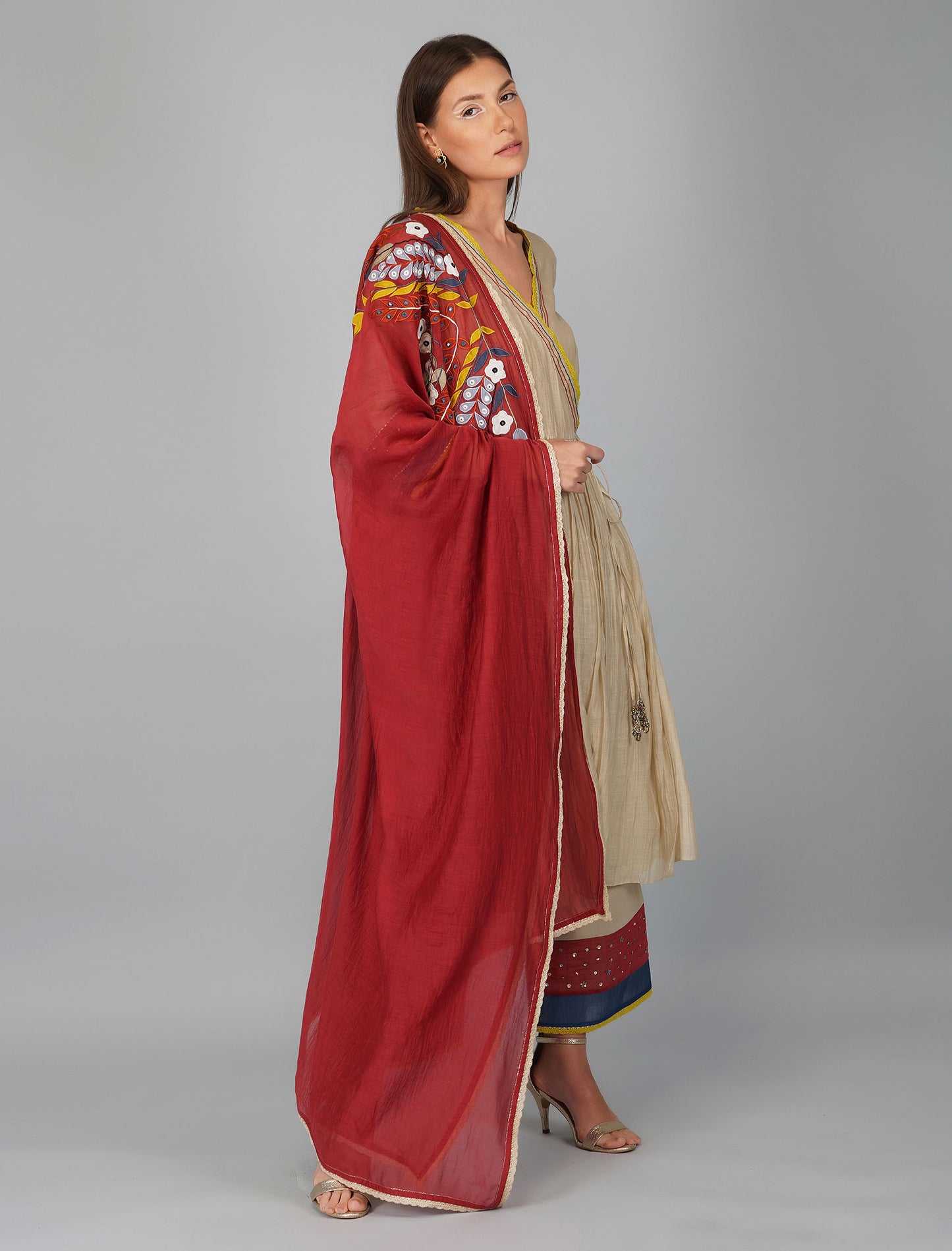 Applique Dupatta Kora Angrakha Set