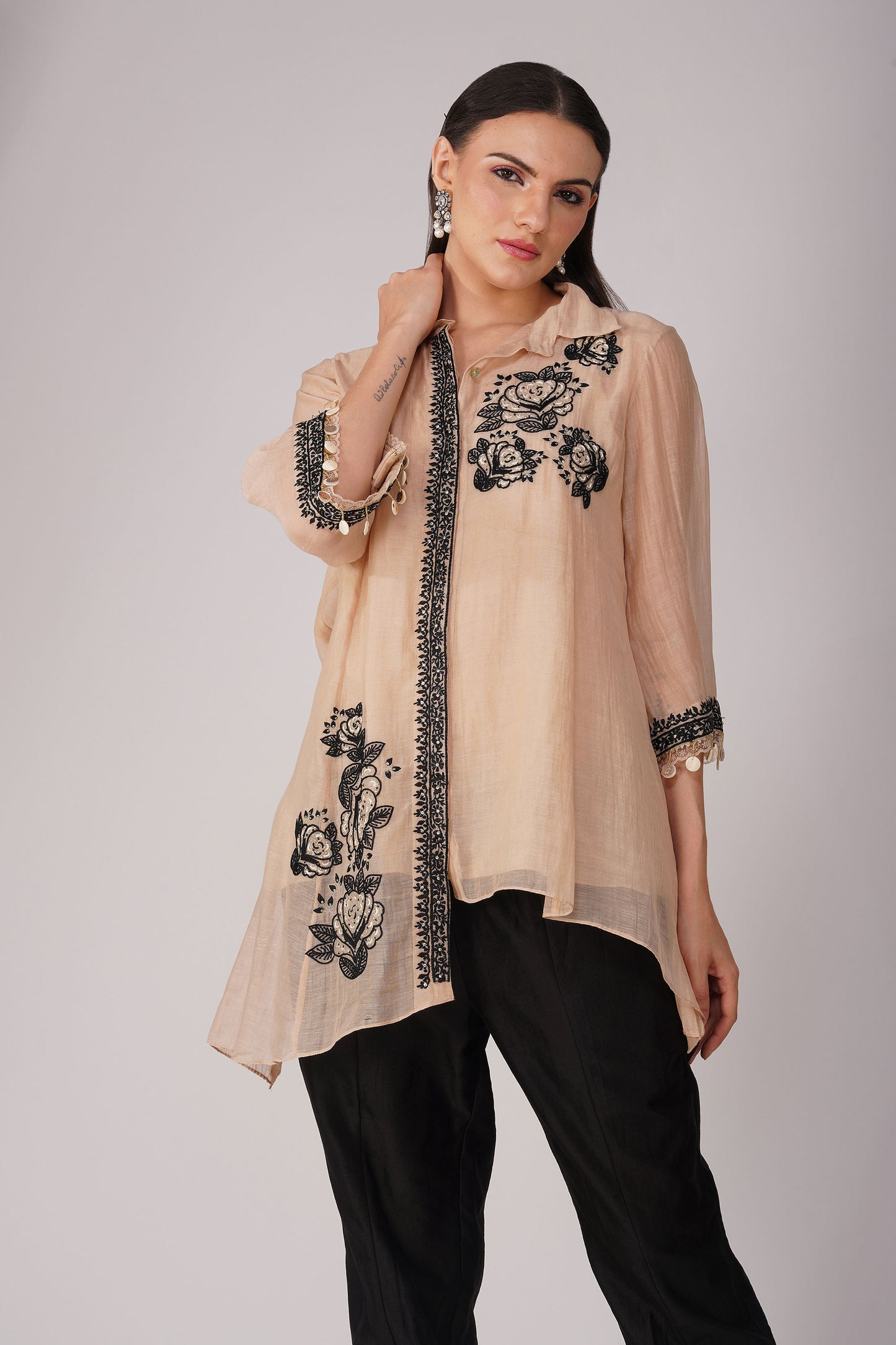 Starry Rose Asymmetric Kora Black Shirt Set