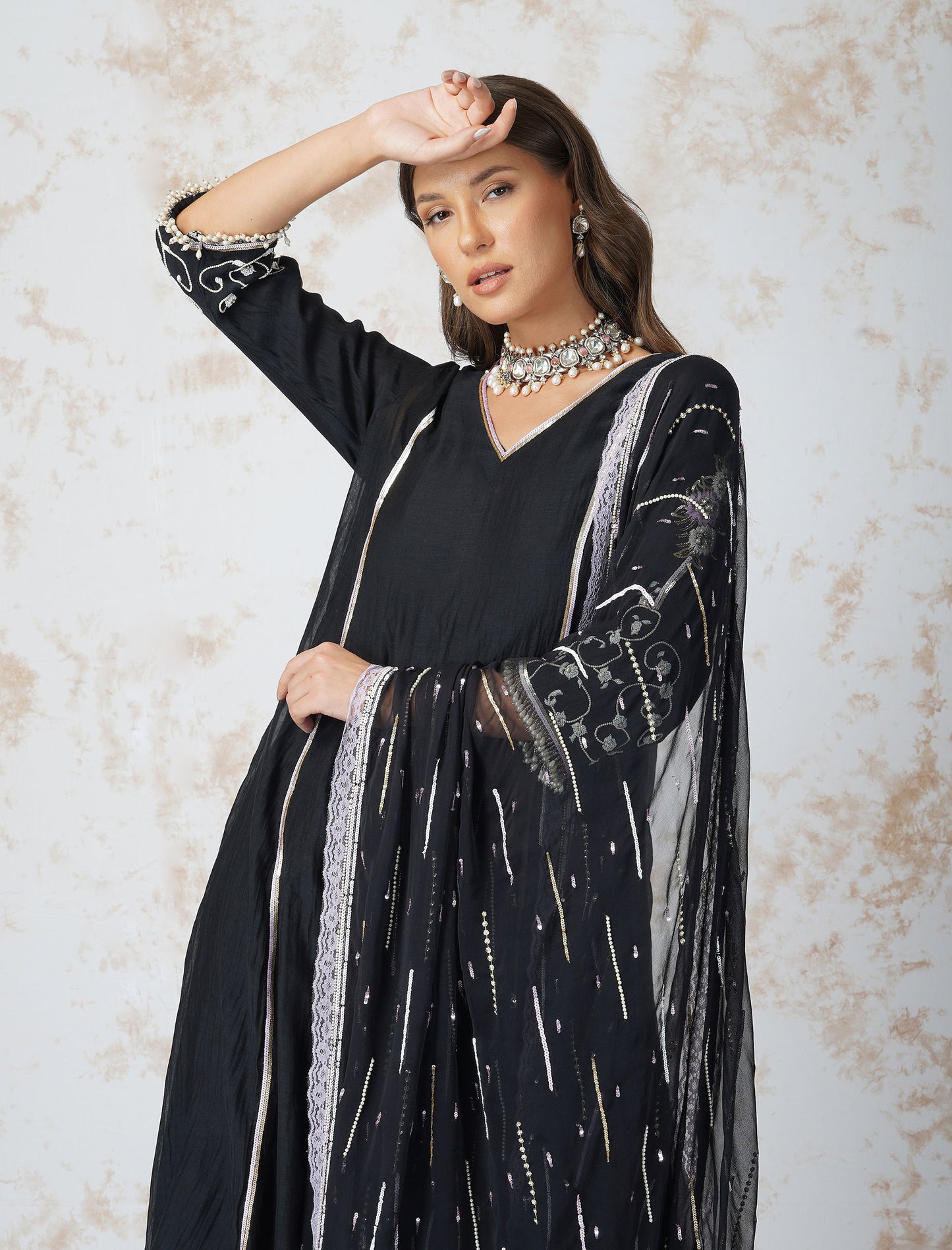 Aline Black Kurta With Sequined Dupatta