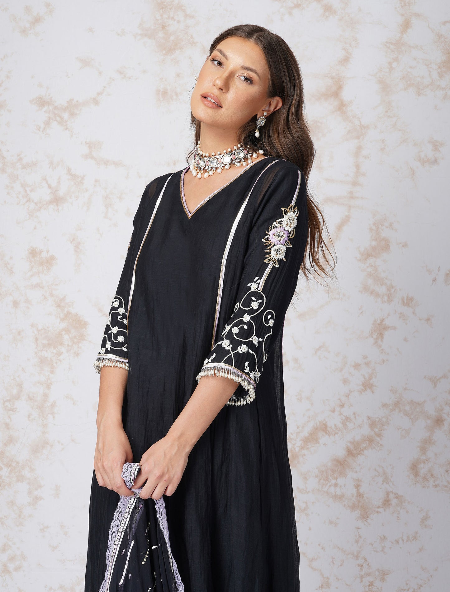 Aline Black Kurta With Sequined Dupatta