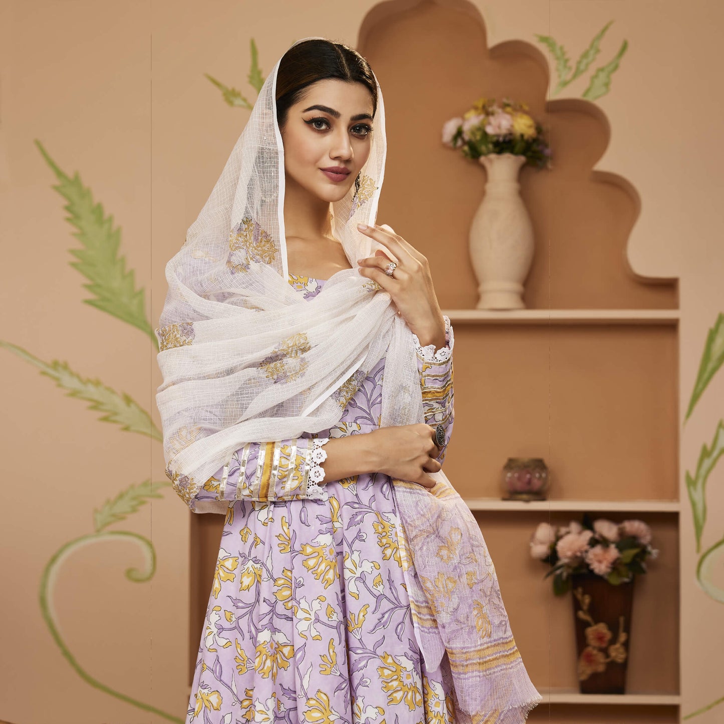 Handblock Printed Lavender Anarkali Cotton Kurta With Trousers & Dupatta