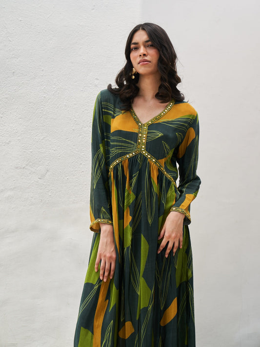 Green Digital Printed Viscose Satin With Hand Embroidery Dress