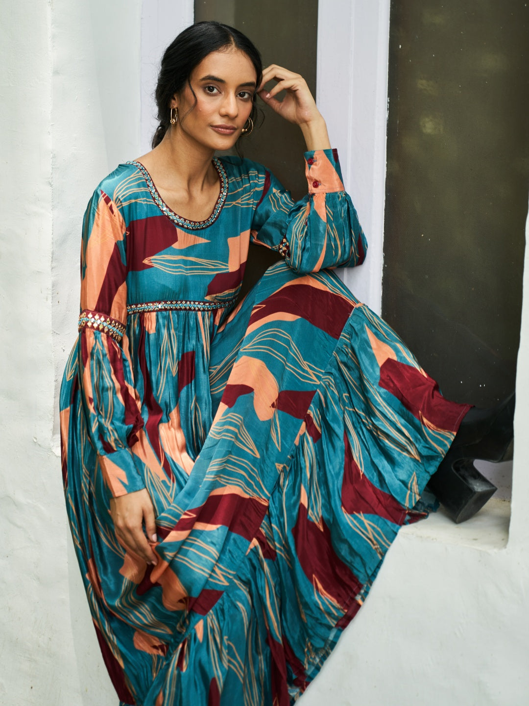 Turquoise Digital Printed Viscose Satin with hand embroidery dress