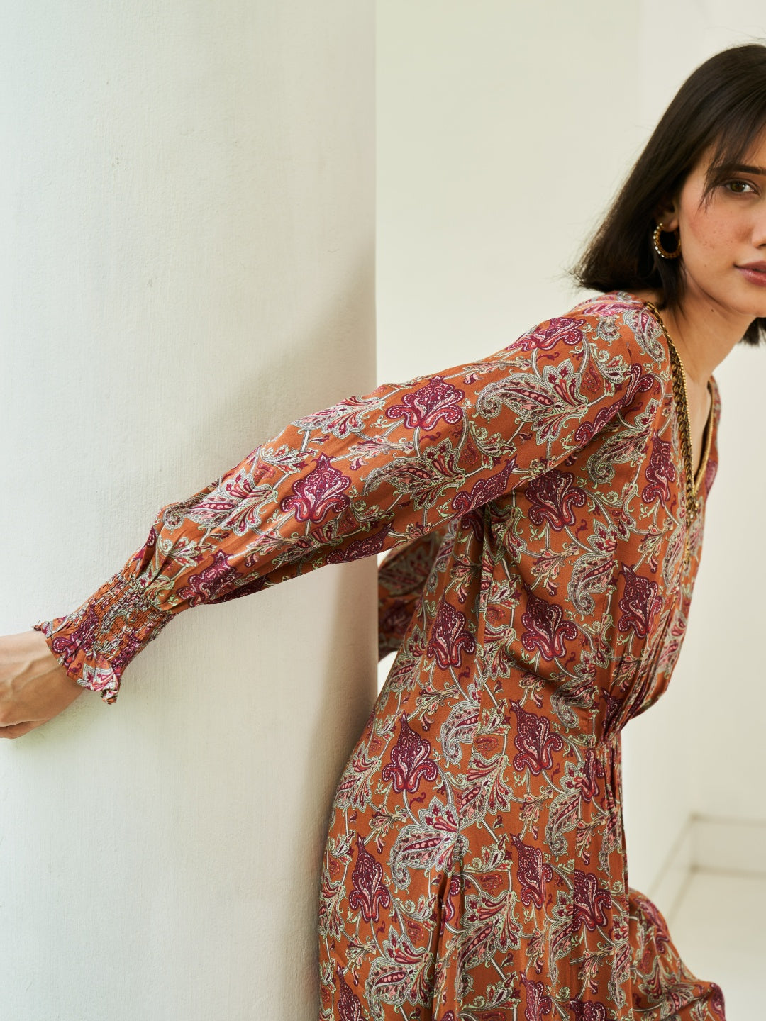 Rust Digital Printed Viscose Satin With Hand Embroidery Kurta Set