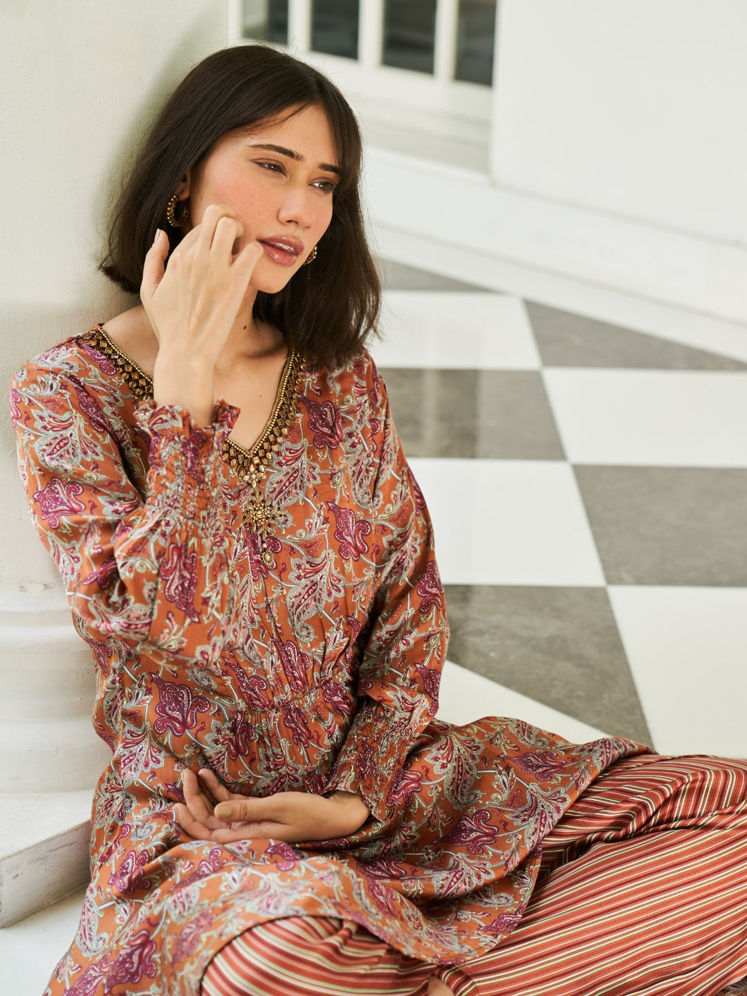 Rust Digital Printed Viscose Satin With Hand Embroidery Kurta Set