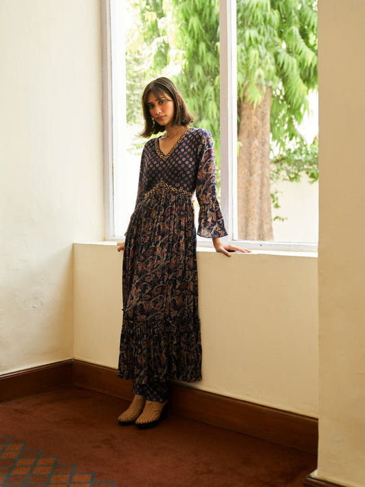 Navy Blue Digital Printed Viscose Satin With Hand Embroidery Kurta Set