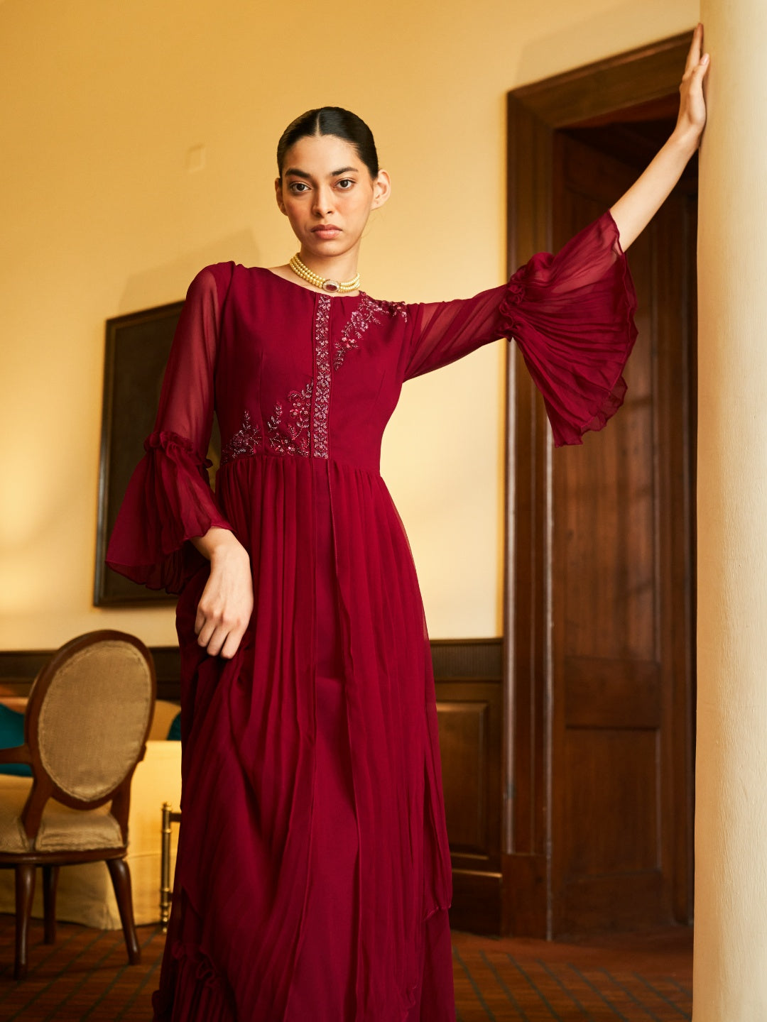 Magenta Pink Pure Georgette Gown With Intricate Handwork Embroidery