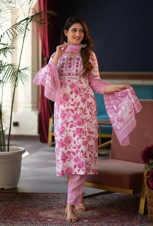 Lakshmi Women Pink, White Floral Print Viscose Rayon Kurta, Pant And Dupatta Set